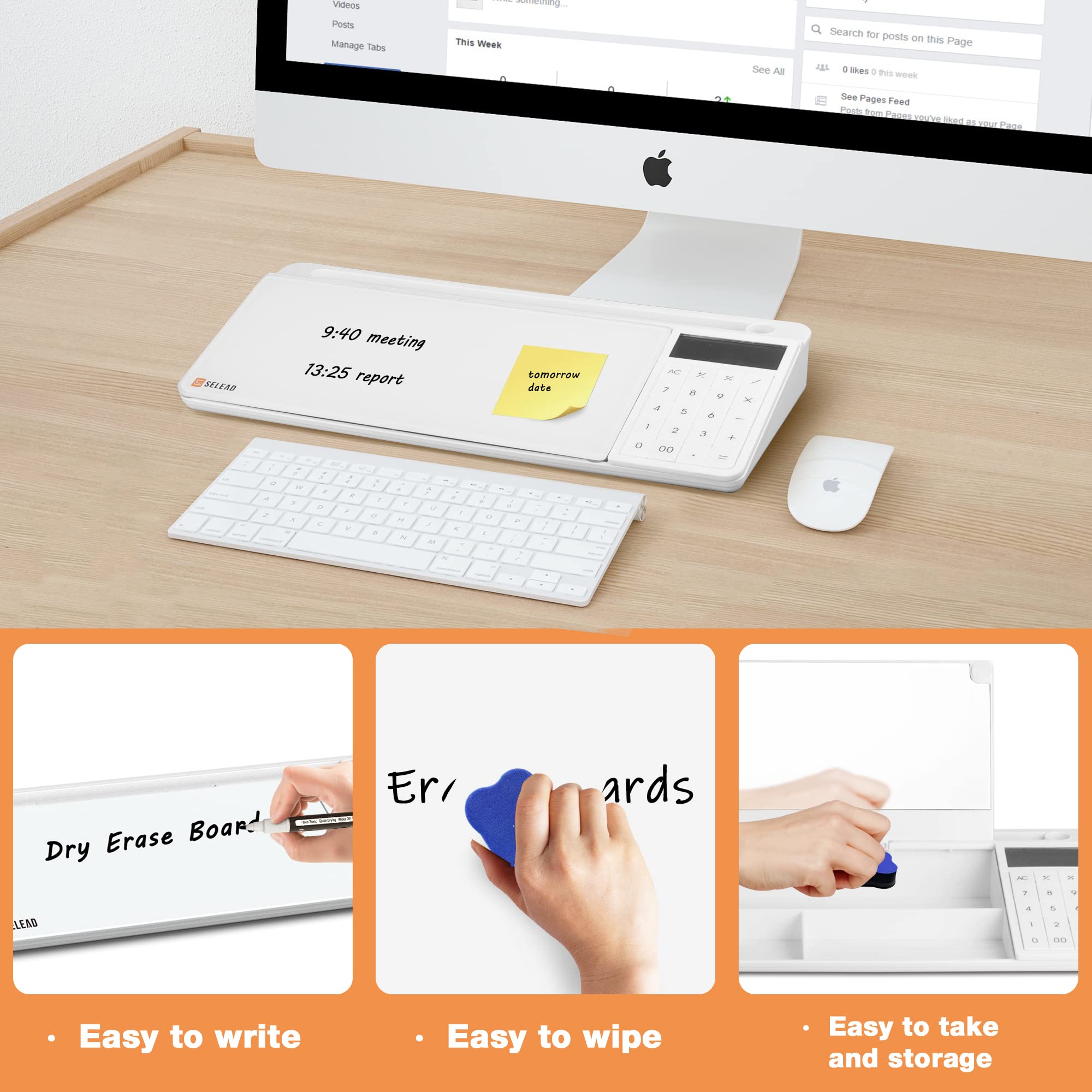 SELEAD Desktop Glass Whiteboard with Calculator and Built-in Mirror, Dry Erase White Board Computer Pad Keyboard Stand with Organizer Drawer, Desk - View 4 of 8