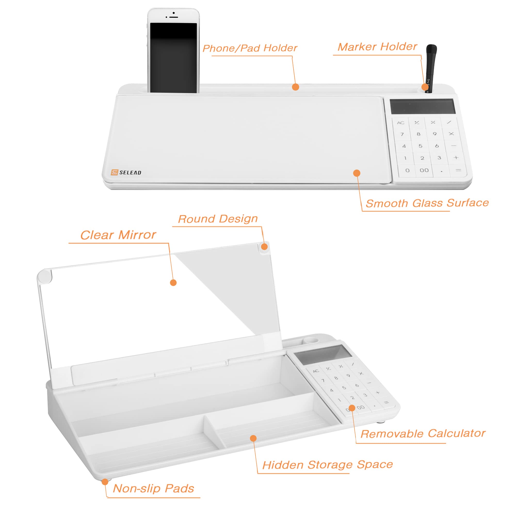 SELEAD Desktop Glass Whiteboard with Calculator and Built-in Mirror, Dry Erase White Board Computer Pad Keyboard Stand with Organizer Drawer, Desk - View 5 of 8