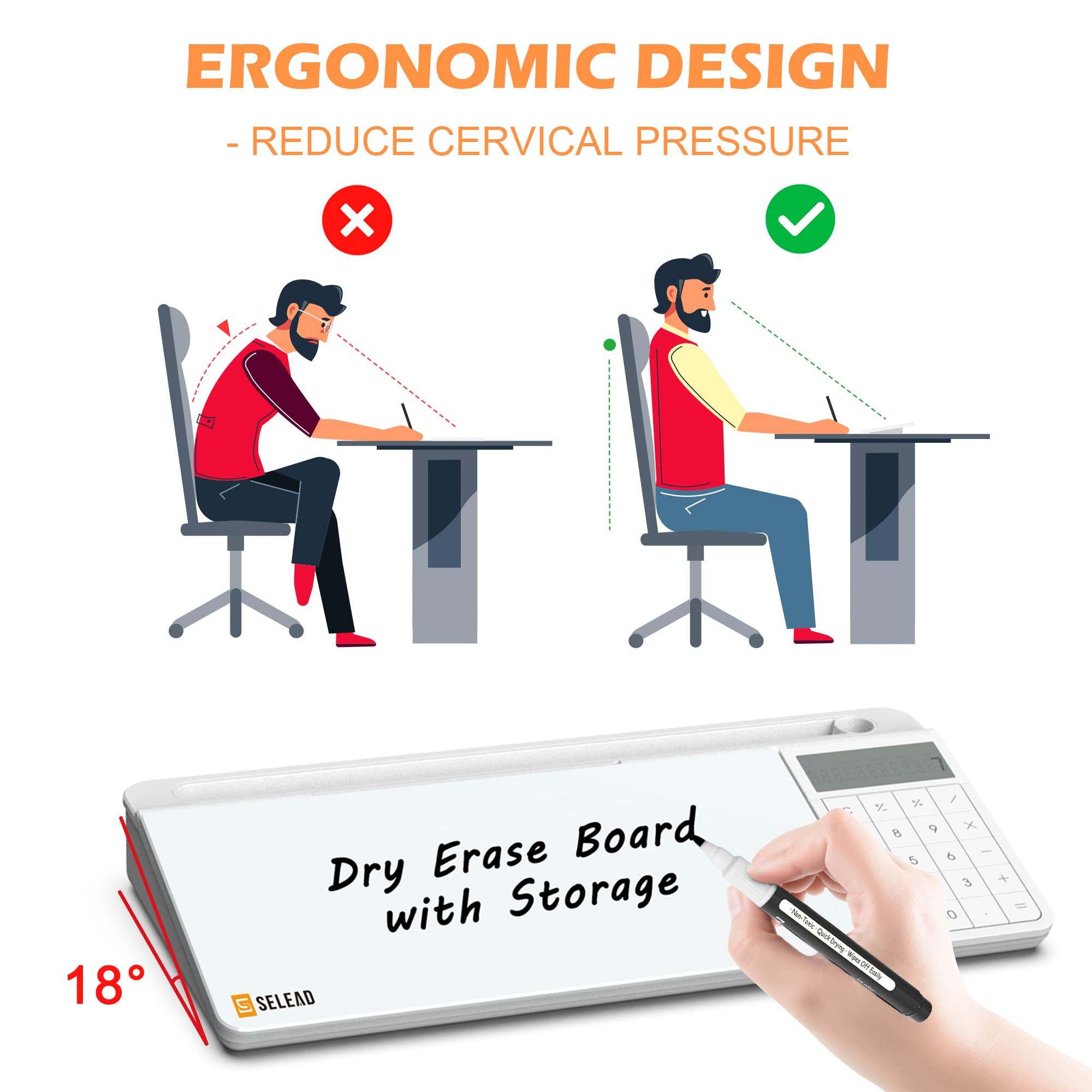 SELEAD Desktop Glass Whiteboard with Calculator and Built-in Mirror, Dry Erase White Board Computer Pad Keyboard Stand with Organizer Drawer, Desk - View 7 of 8