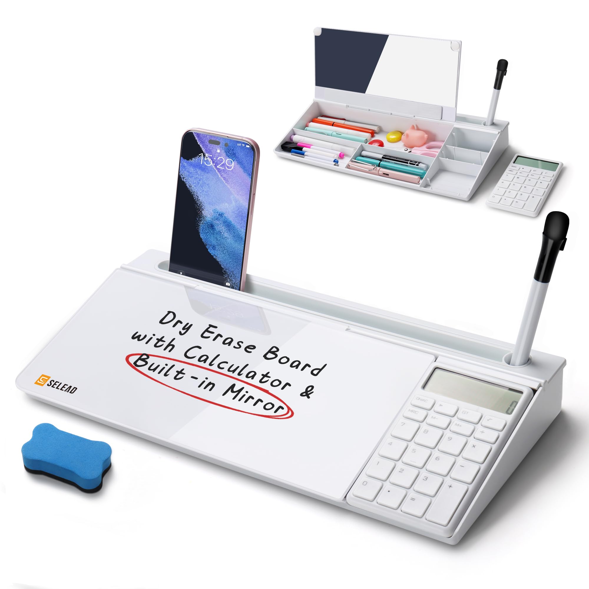 SELEAD Desktop Glass Whiteboard with Calculator and Built-in Mirror, Dry Erase White Board Computer Pad Keyboard Stand with Organizer Drawer, Desk