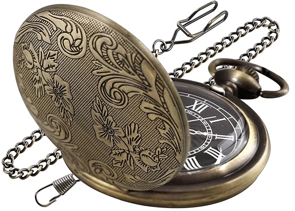Realpoo Realpoo Bronze Carved Flower Quartz Pocket Watch with Chain Clip for Men Stylish and Elegant Timepiece