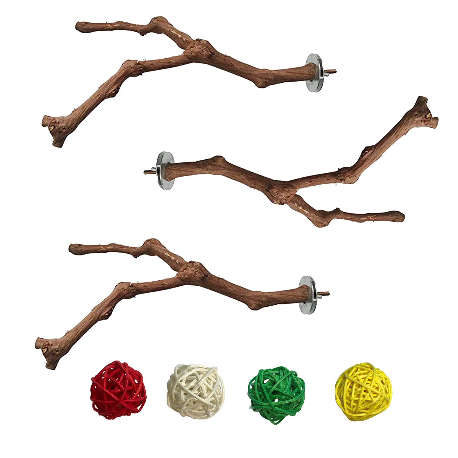 PINVNBY PINVNBY Natural Grape Wood Bird Perch Set with 4 Bird Toys for Parakeets Lovebirds Budgies Cockatiels and Finches