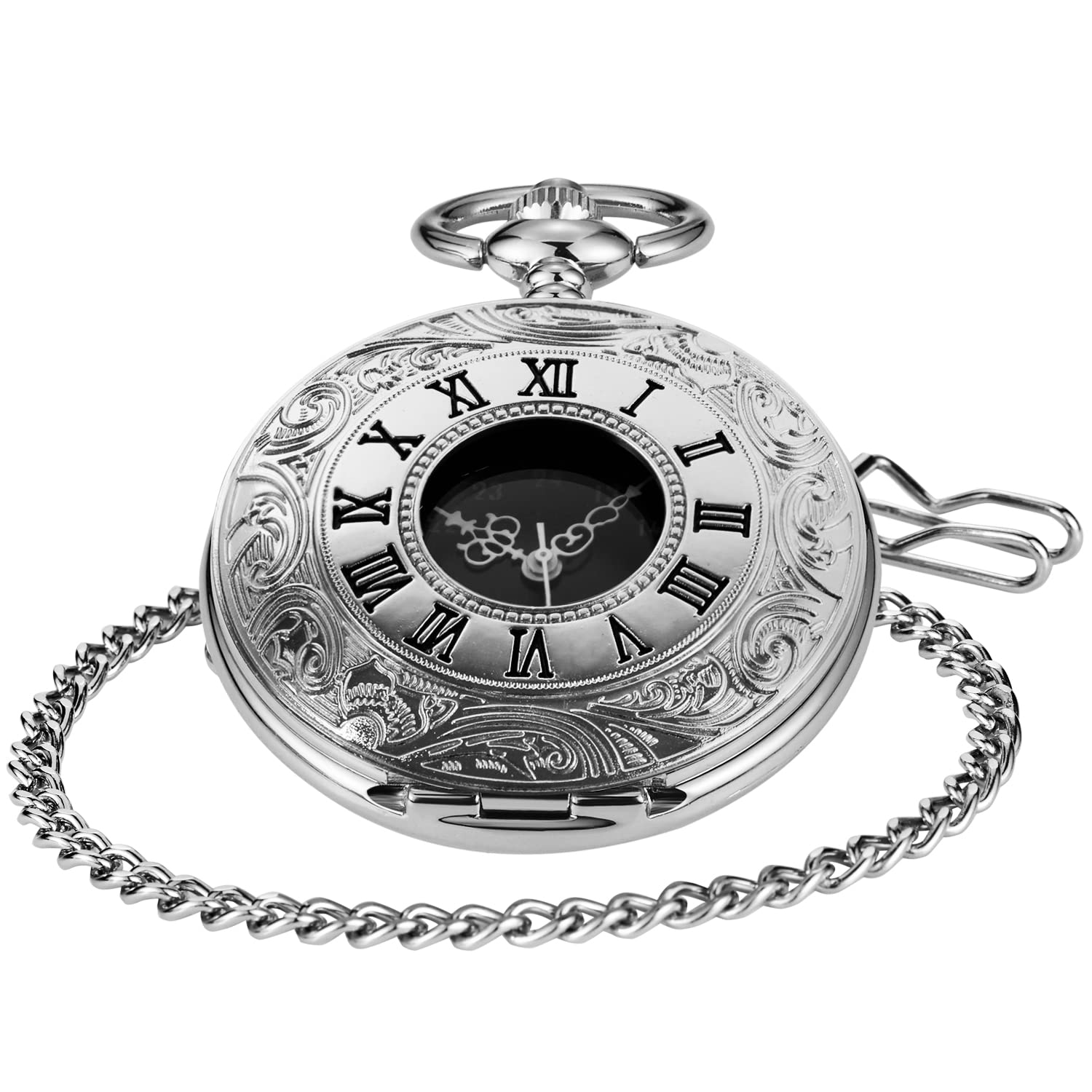 Realpoo Hollow Roman Digital Scale Men's Quartz Pocket Watch with Chain Classic Design PK060804-Silver - View 2 of 8