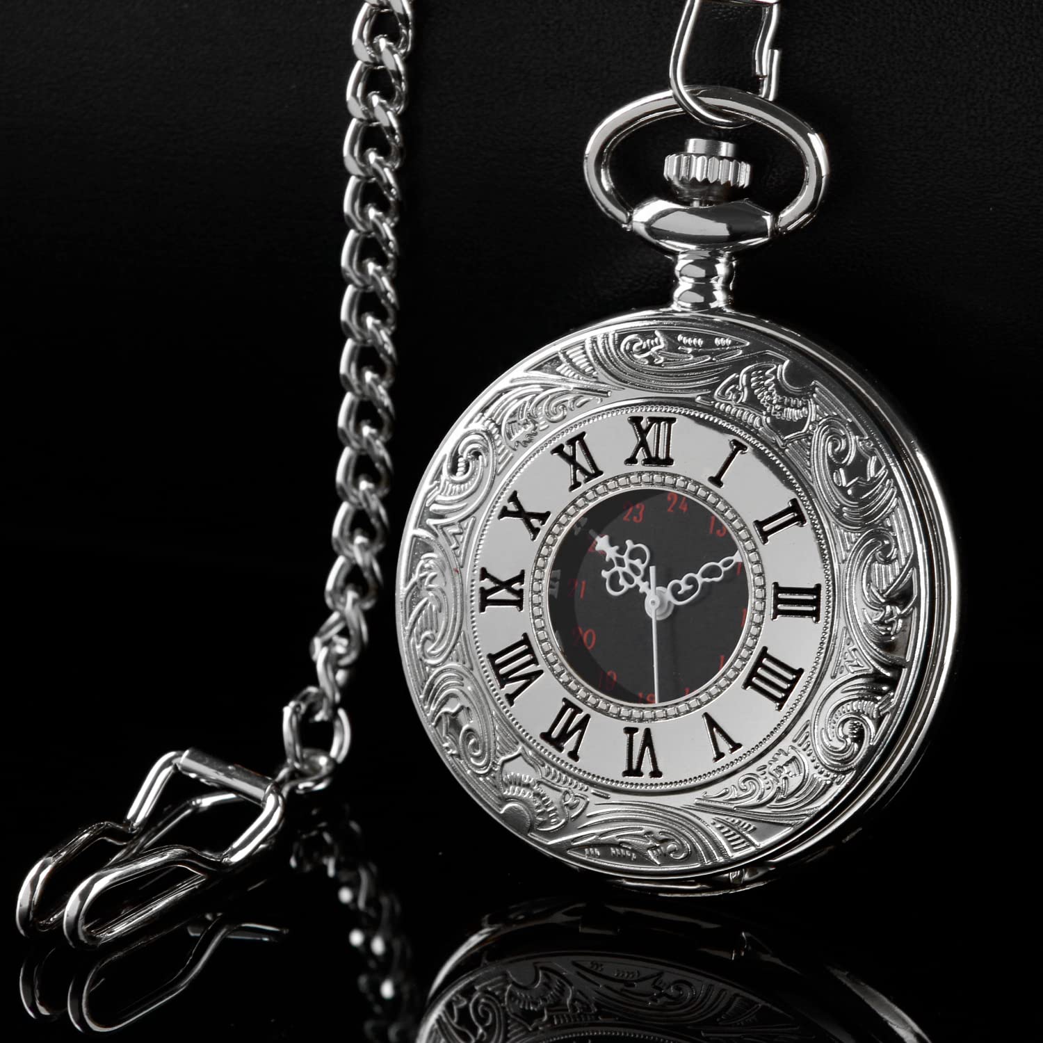 Realpoo Hollow Roman Digital Scale Men's Quartz Pocket Watch with Chain Classic Design PK060804-Silver - View 3 of 8