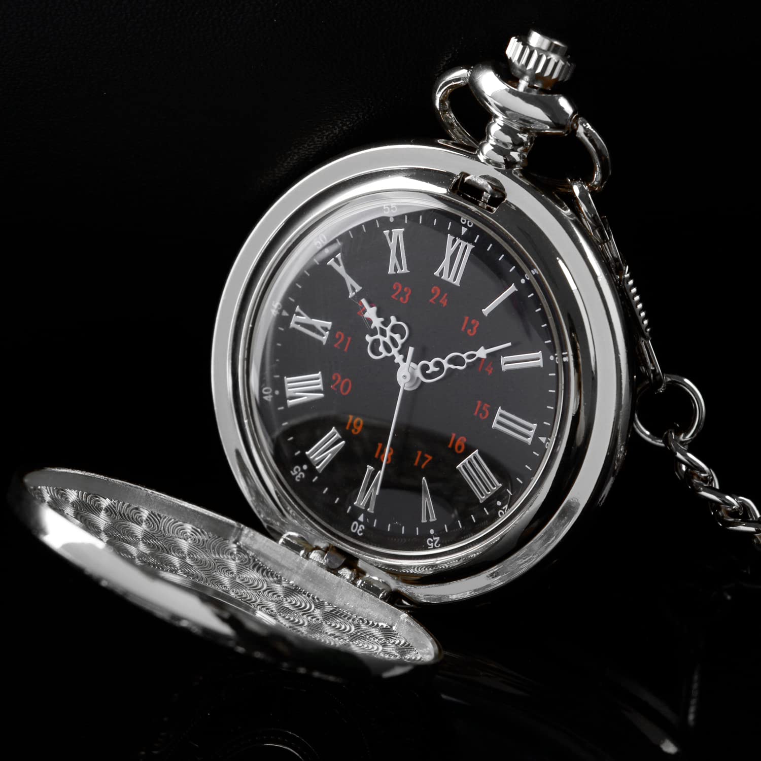 Realpoo Hollow Roman Digital Scale Men's Quartz Pocket Watch with Chain Classic Design PK060804-Silver - View 4 of 8