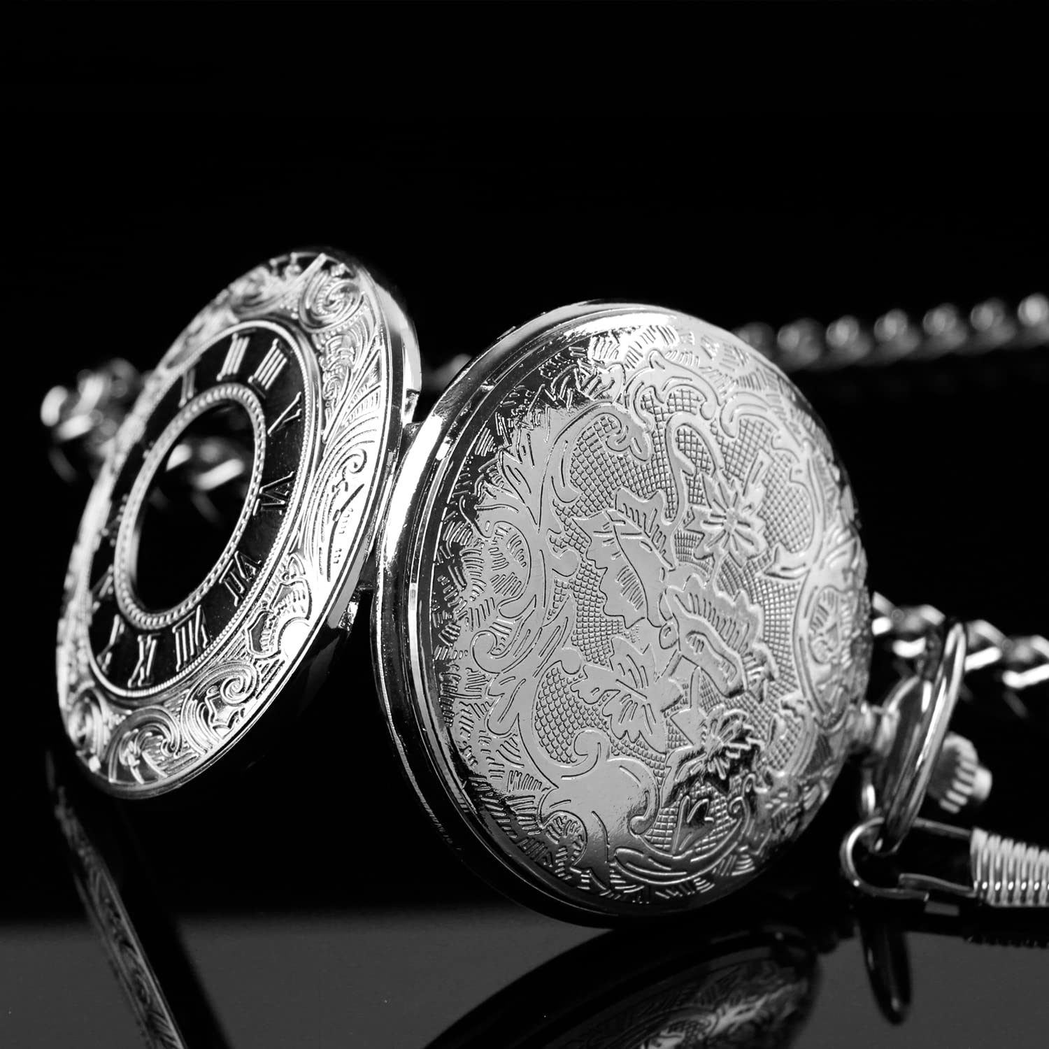 Realpoo Hollow Roman Digital Scale Men's Quartz Pocket Watch with Chain Classic Design PK060804-Silver - View 6 of 8