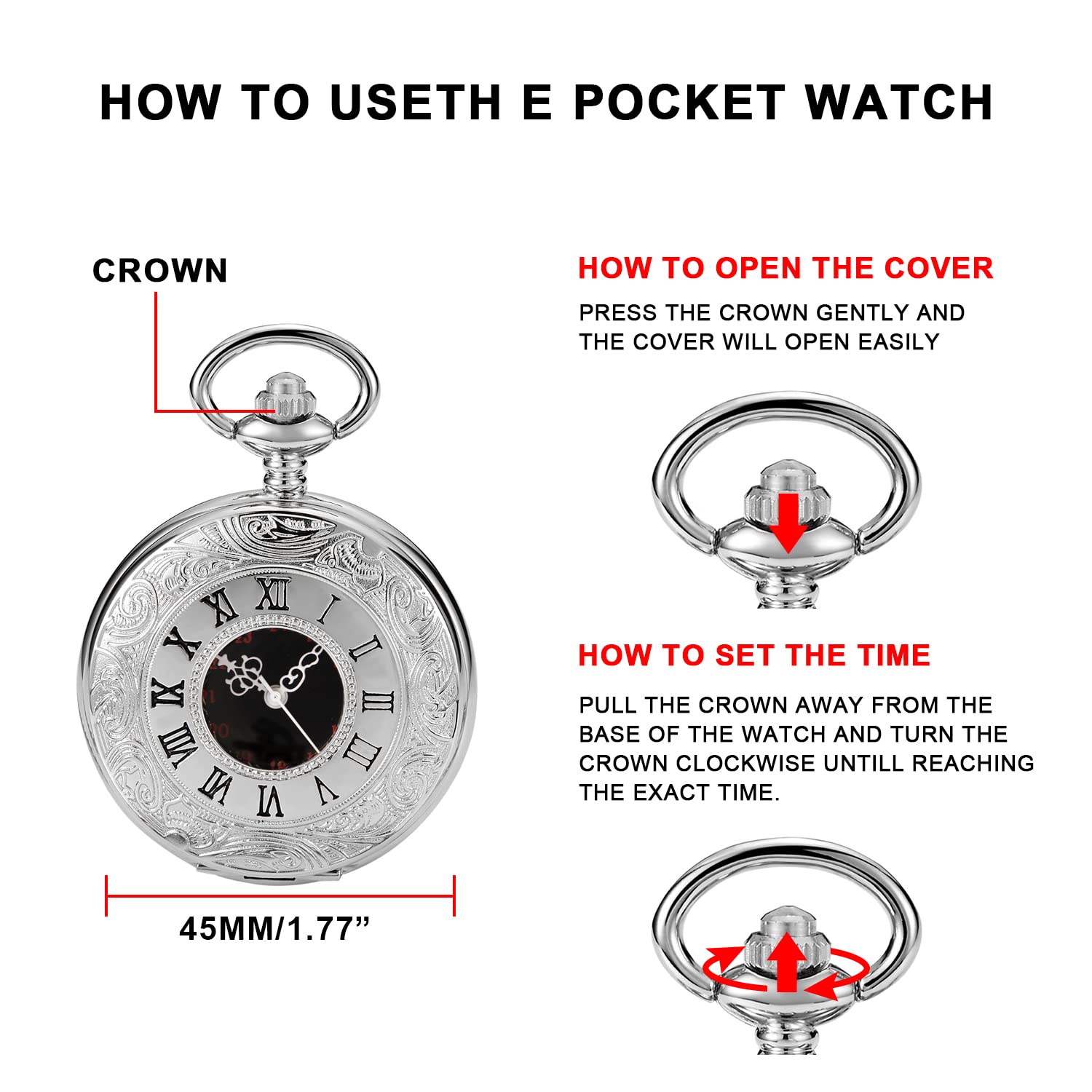 Realpoo Hollow Roman Digital Scale Men's Quartz Pocket Watch with Chain Classic Design PK060804-Silver - View 7 of 8