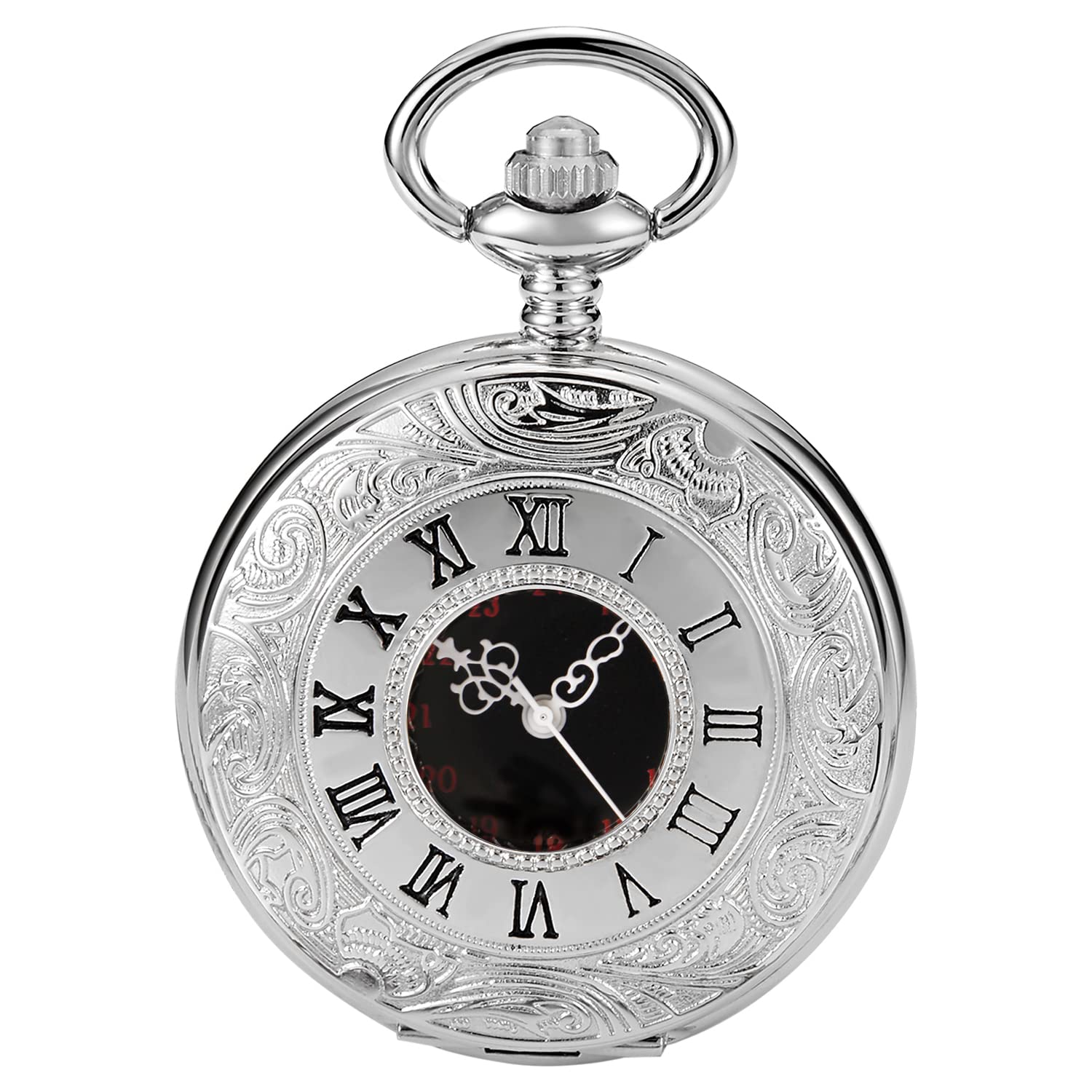 Realpoo Hollow Roman Digital Scale Men's Quartz Pocket Watch with Chain Classic Design PK060804-Silver - View 8 of 8