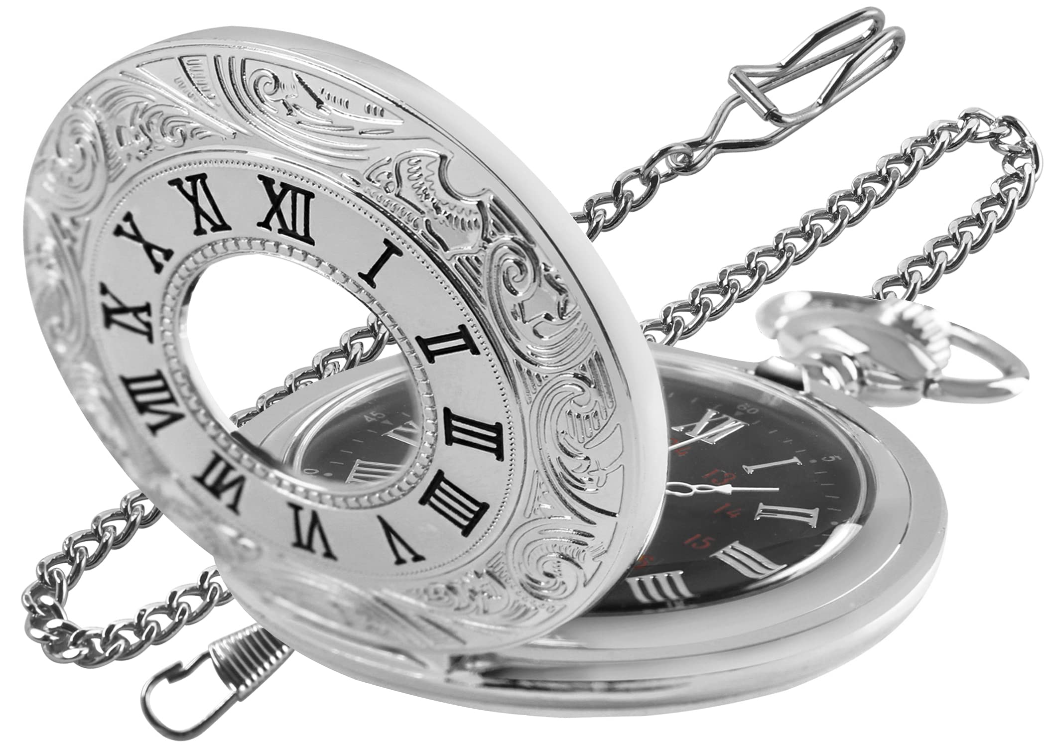 Realpoo Hollow Roman Digital Scale Men's Quartz Pocket Watch with Chain Classic Design PK060804-Silver