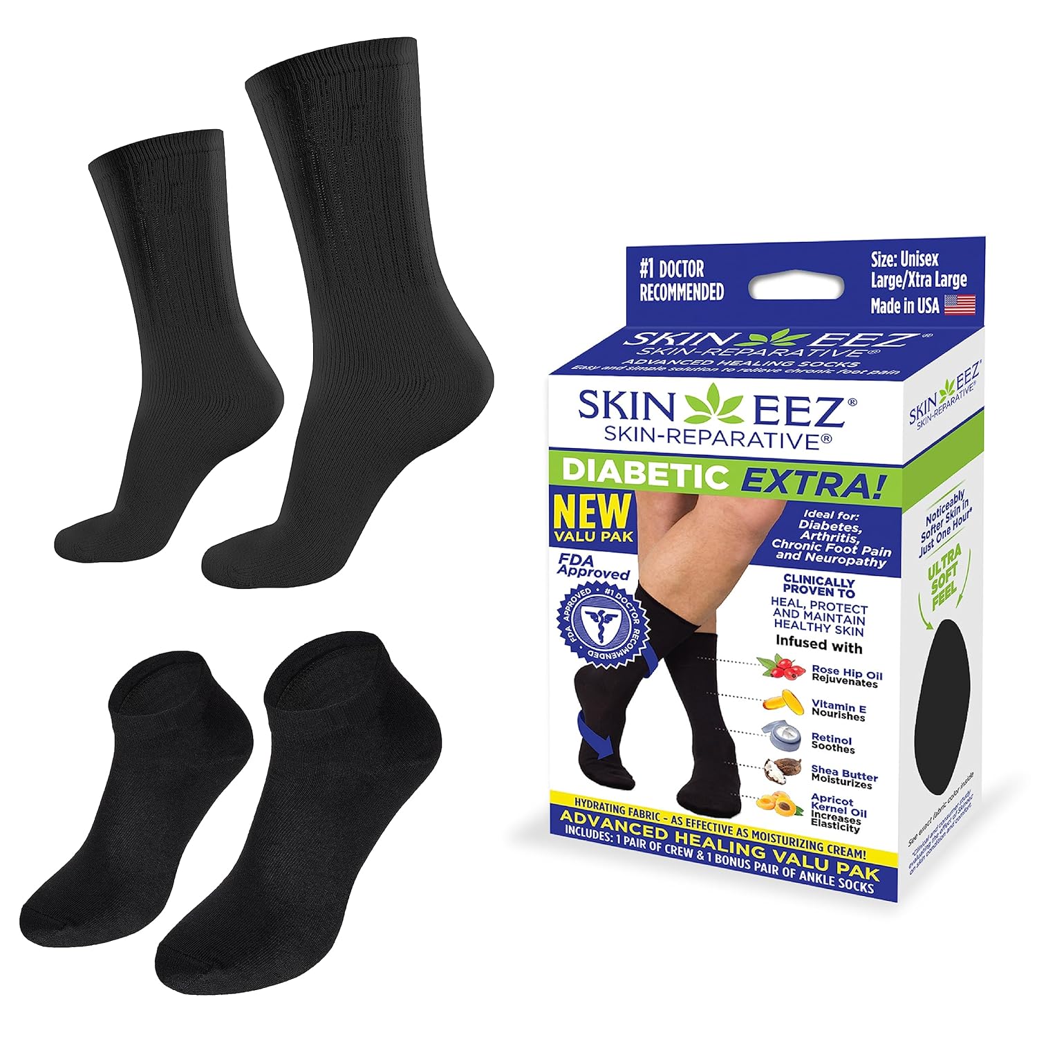 SKINEEZ Skincarewear Skineez Hydrating Diabetic Socks Non-Binding Ultra-Soft Fabric Clinically Proven to Heal Skin Condition Black Large X-Large 2 Pairs