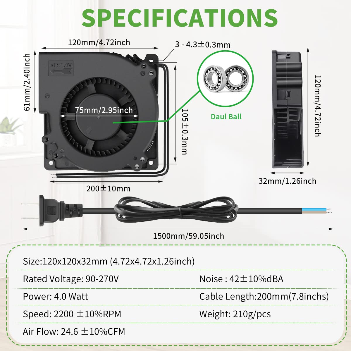 WDERAIR WDERAIR 120mm Radial Centrifugal Blower Fan for Efficient Cooling in Refrigerators DVR Xbox Modems and AV Cabinets 110V to 240V - View 5 of 7