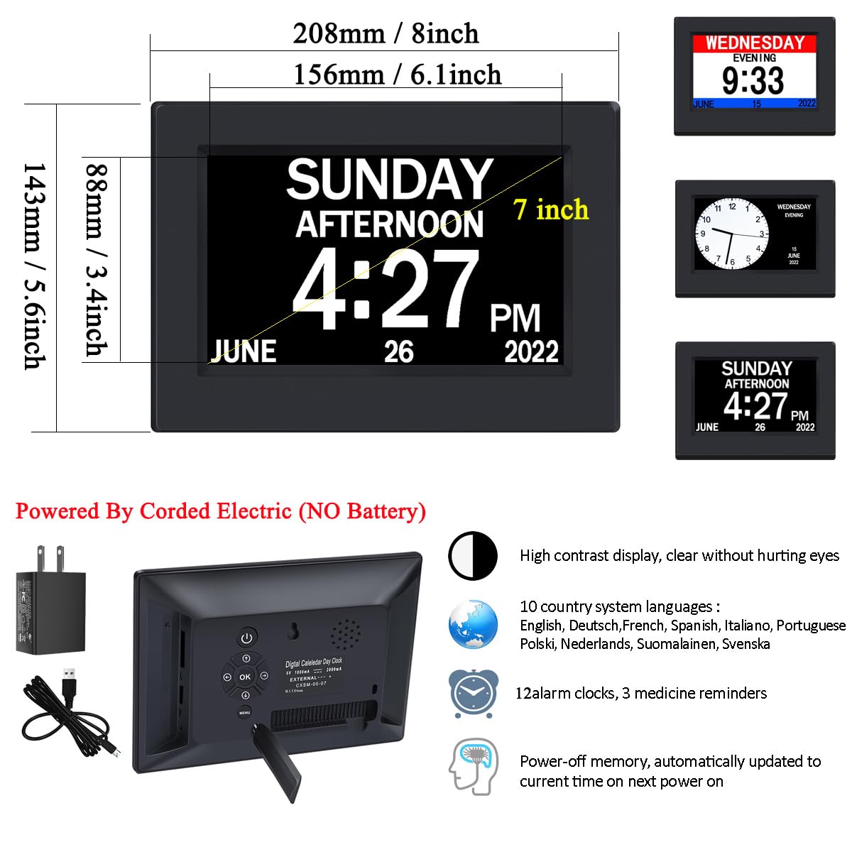 AINFTIME AINFTIME Large Display Digital Calendar Alarm Clock for Elderly with Day and Date 3 Color Options Ideal for Dementia and Alzheimers 7in Black - View 2 of 9
