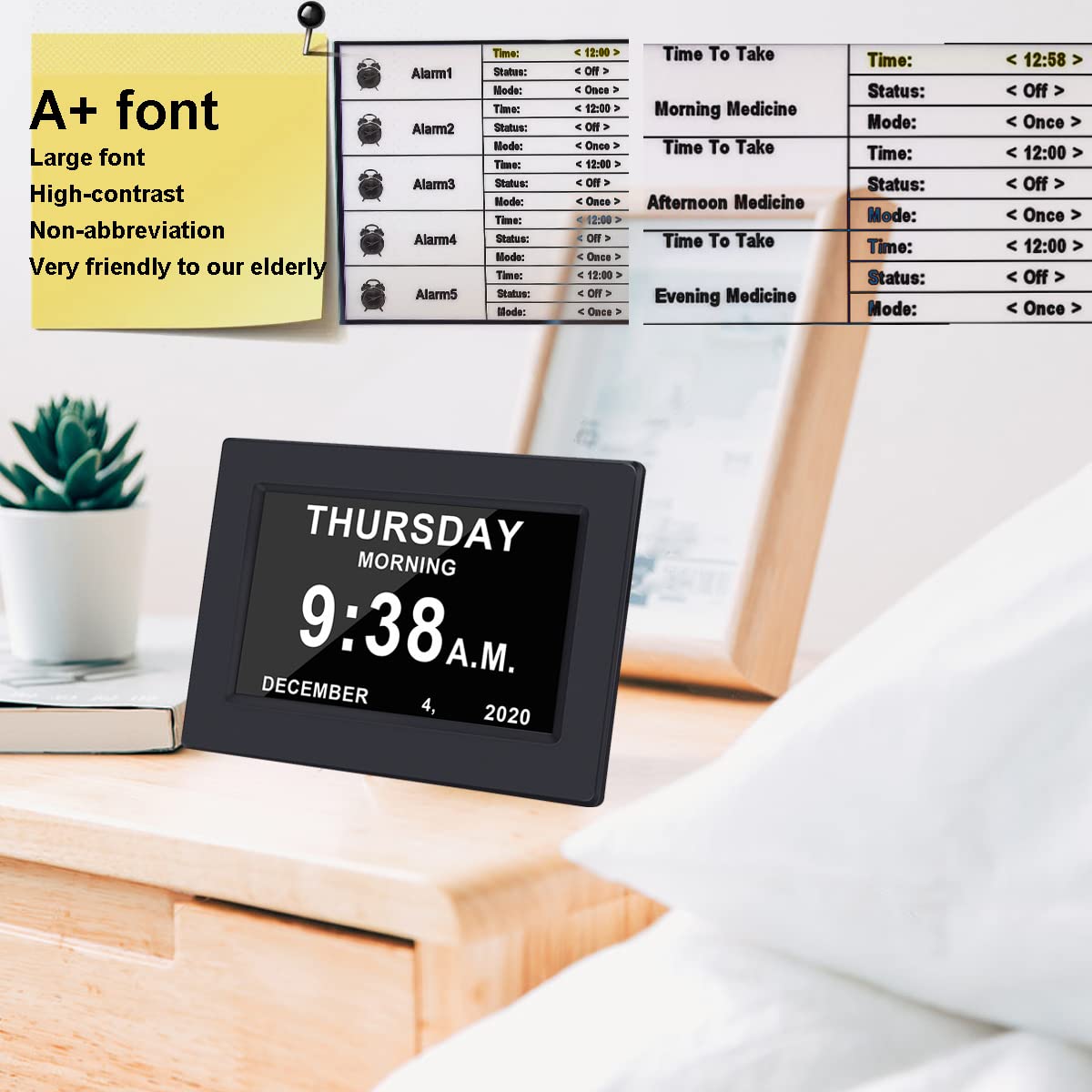 AINFTIME AINFTIME Large Display Digital Calendar Alarm Clock for Elderly with Day and Date 3 Color Options Ideal for Dementia and Alzheimers 7in Black - View 3 of 9