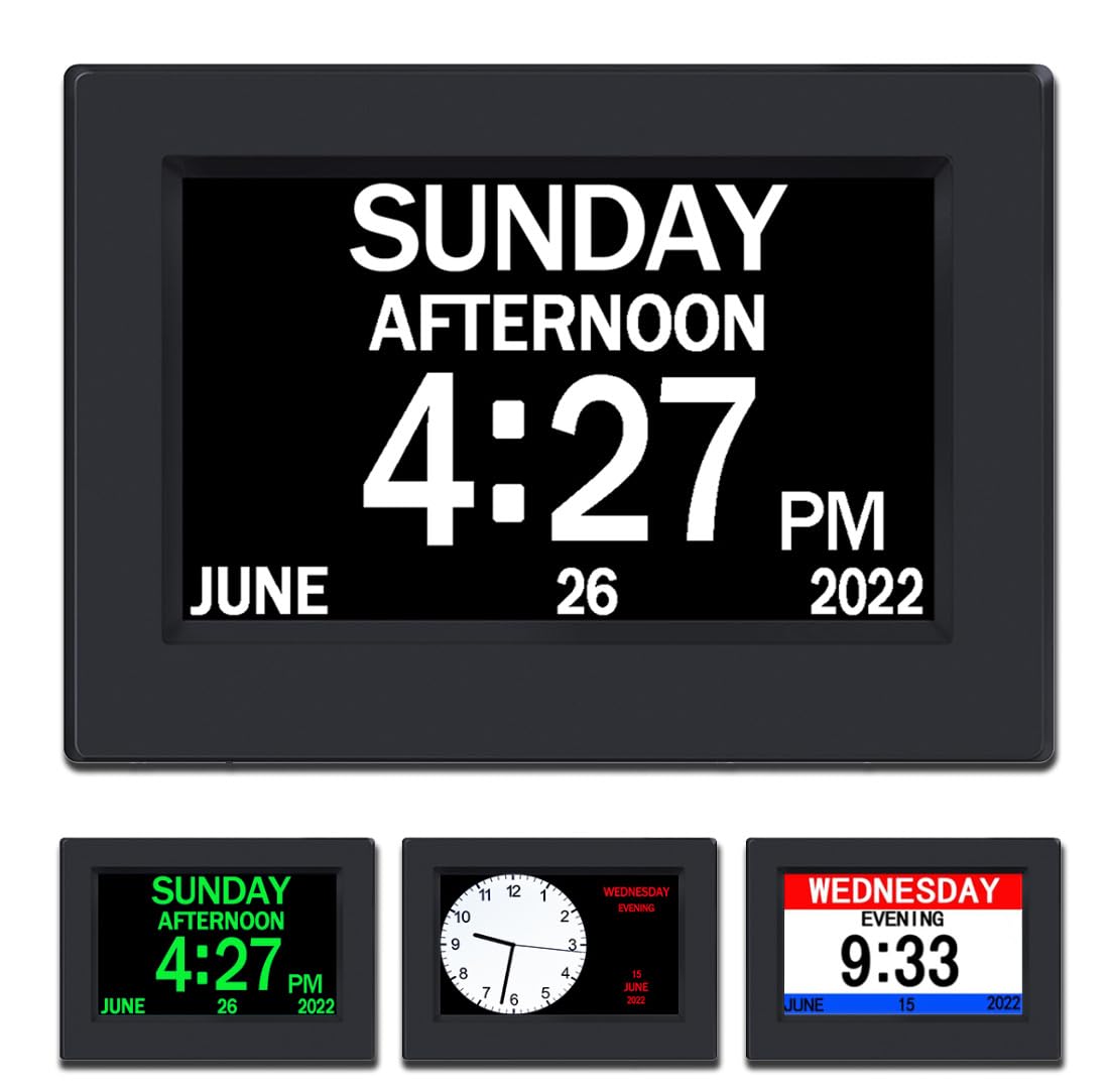 AINFTIME AINFTIME Large Display Digital Calendar Alarm Clock for Elderly with Day and Date 3 Color Options Ideal for Dementia and Alzheimers 7in Black
