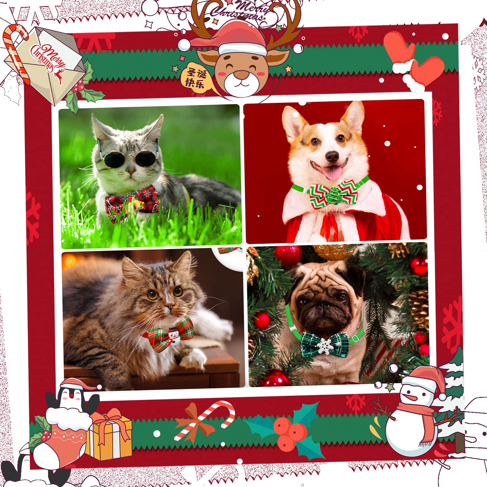 Masue Pets Christmas Puppy Dog Bowtie 10pcs Pack Plaid Necktie Styles Snowman Xmas Tree Deer Dog Accessories for Festive Pet Fashion - View 2 of 9