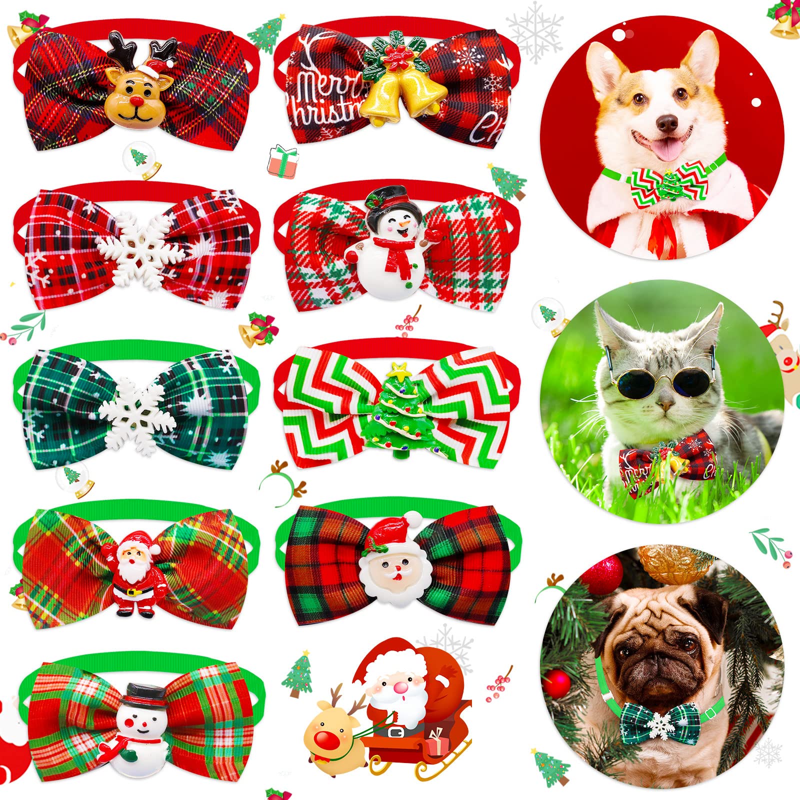 Masue Pets Christmas Puppy Dog Bowtie 10pcs Pack Plaid Necktie Styles Snowman Xmas Tree Deer Dog Accessories for Festive Pet Fashion