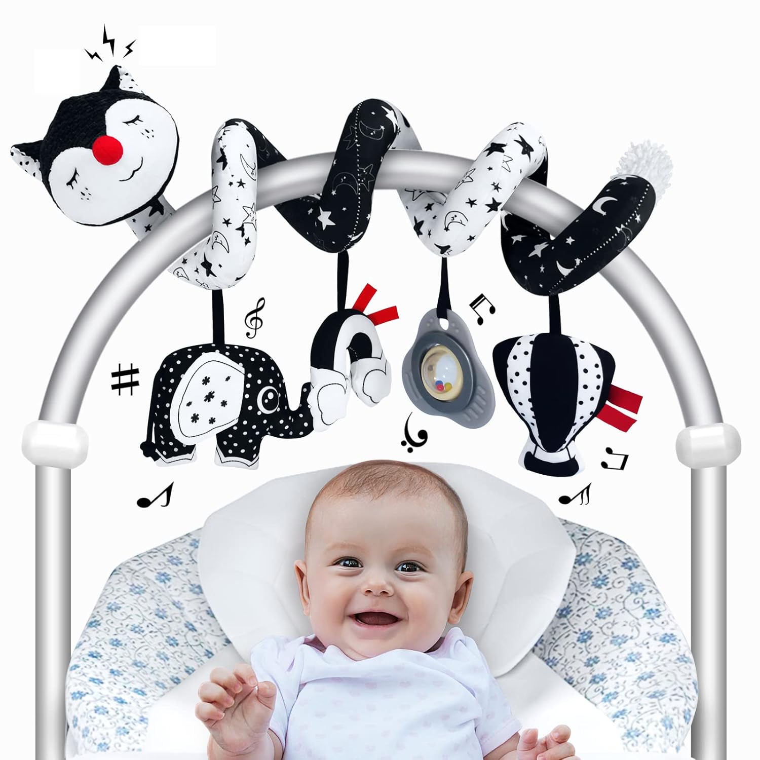 FATI Black and White Spiral Car Seat Toys for Babies 0-6 Months High Contrast Stroller Toys Ideal Gift for Newborns and Infants