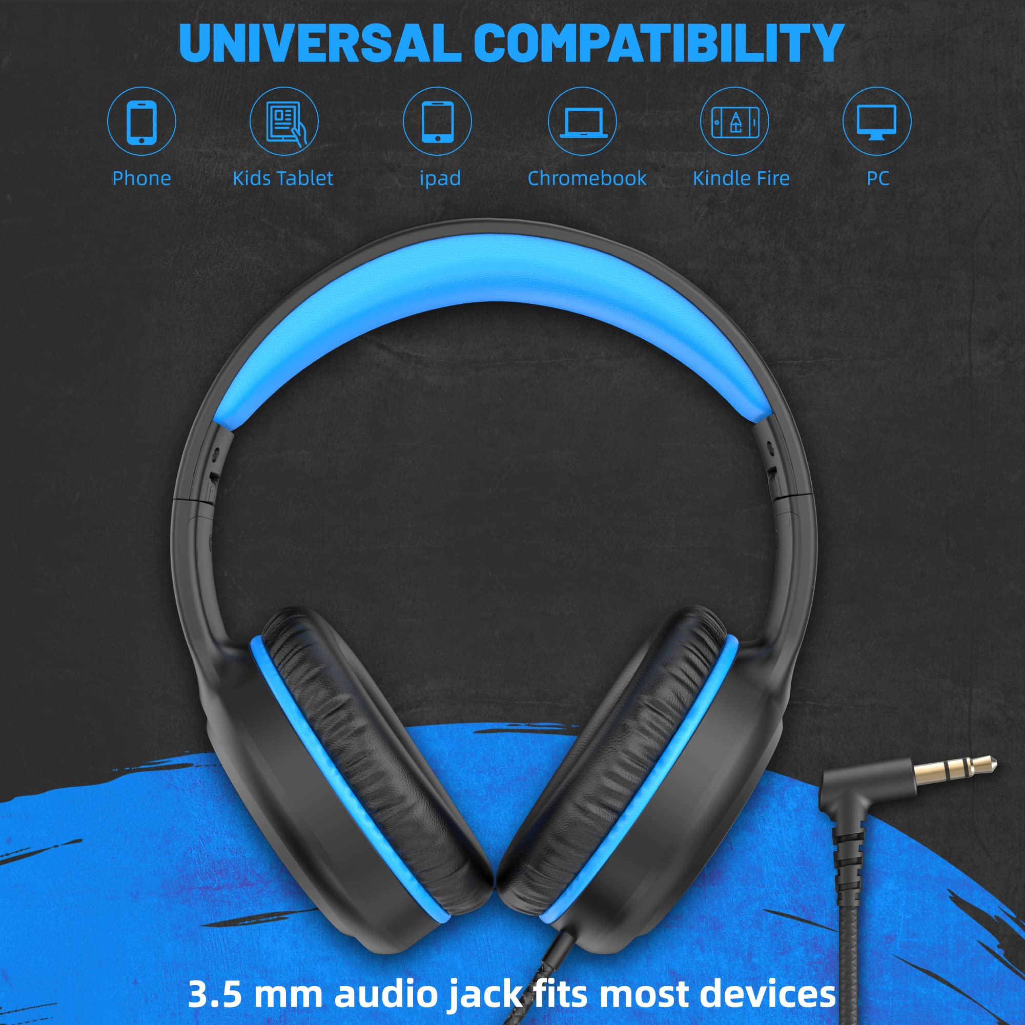 UKELALA On Ear Wired Blue Headphones for Boys Girls Folding Corded Head Phones for Kids Youth Student Children Portable Headphone for School Classroom - View 3 of 7