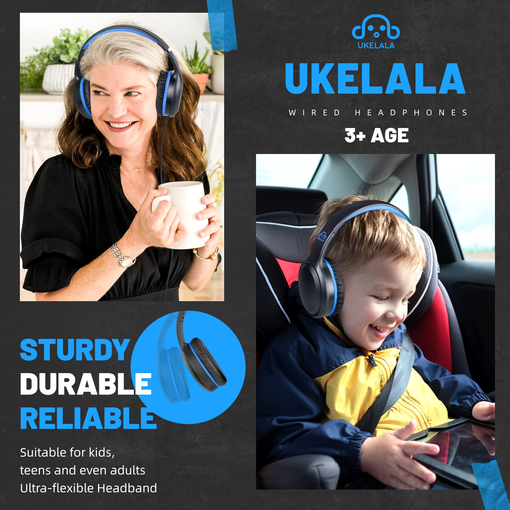 UKELALA On Ear Wired Blue Headphones for Boys Girls Folding Corded Head Phones for Kids Youth Student Children Portable Headphone for School Classroom - View 4 of 7