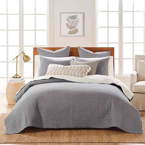 Levtex Home Levtex Home Cross Stitch Grey and White Quilt Set 100 Cotton King Cal King Reversible 106x92in with 2 King Shams 36x20in