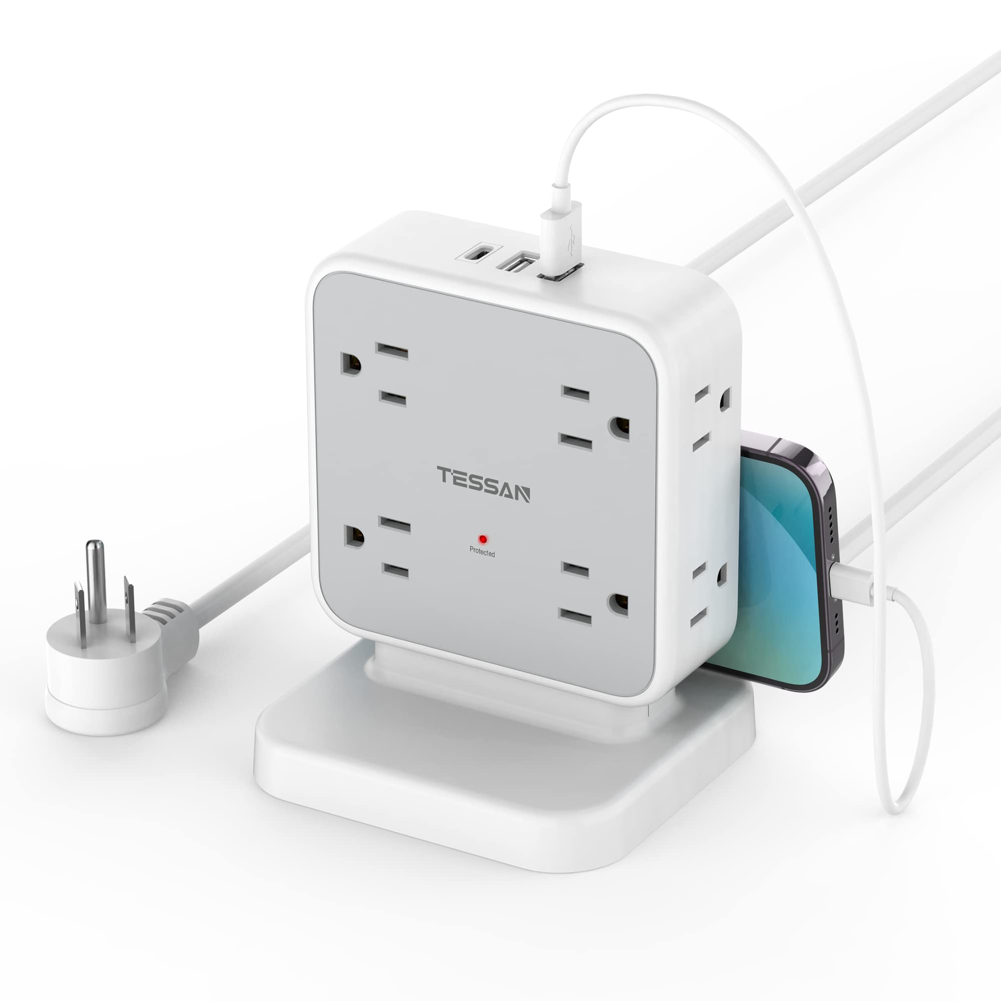 Power Strip Tower Surge Protector, TESSAN 8 AC Outlets with 3 USB (1 USB C Port), 5 FT Flat Plug Extension Cord with 900 Joules Protection, Desk