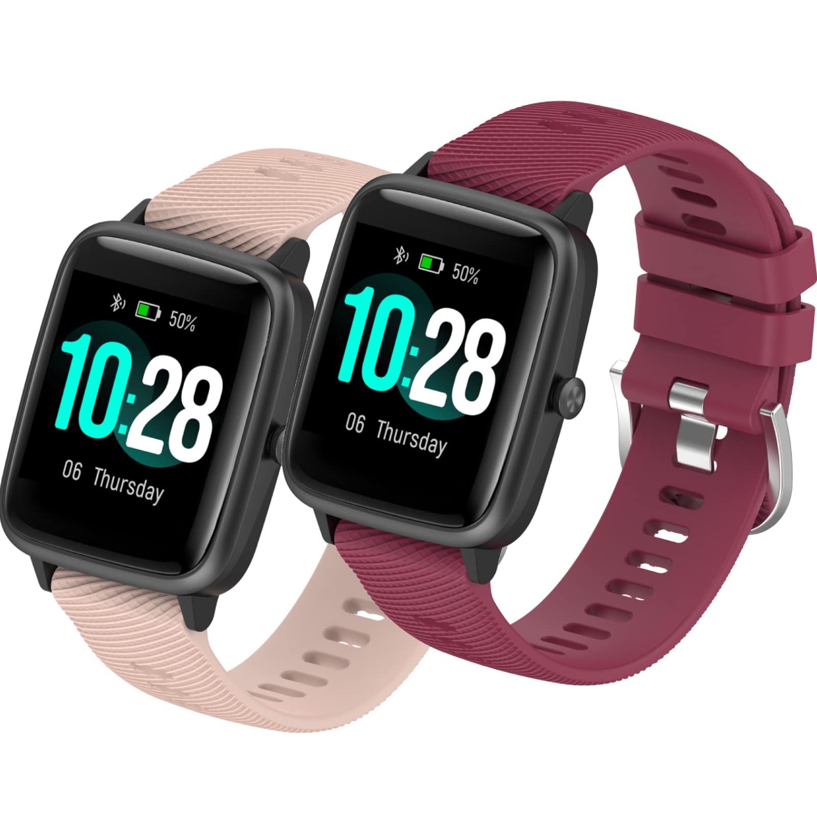 NineHorse Adjustable Silicone Watch Bands for Veryfitpro ID205L ID205S ID205U ID205G 19MM Light Pink and Wine Red Replacement Straps