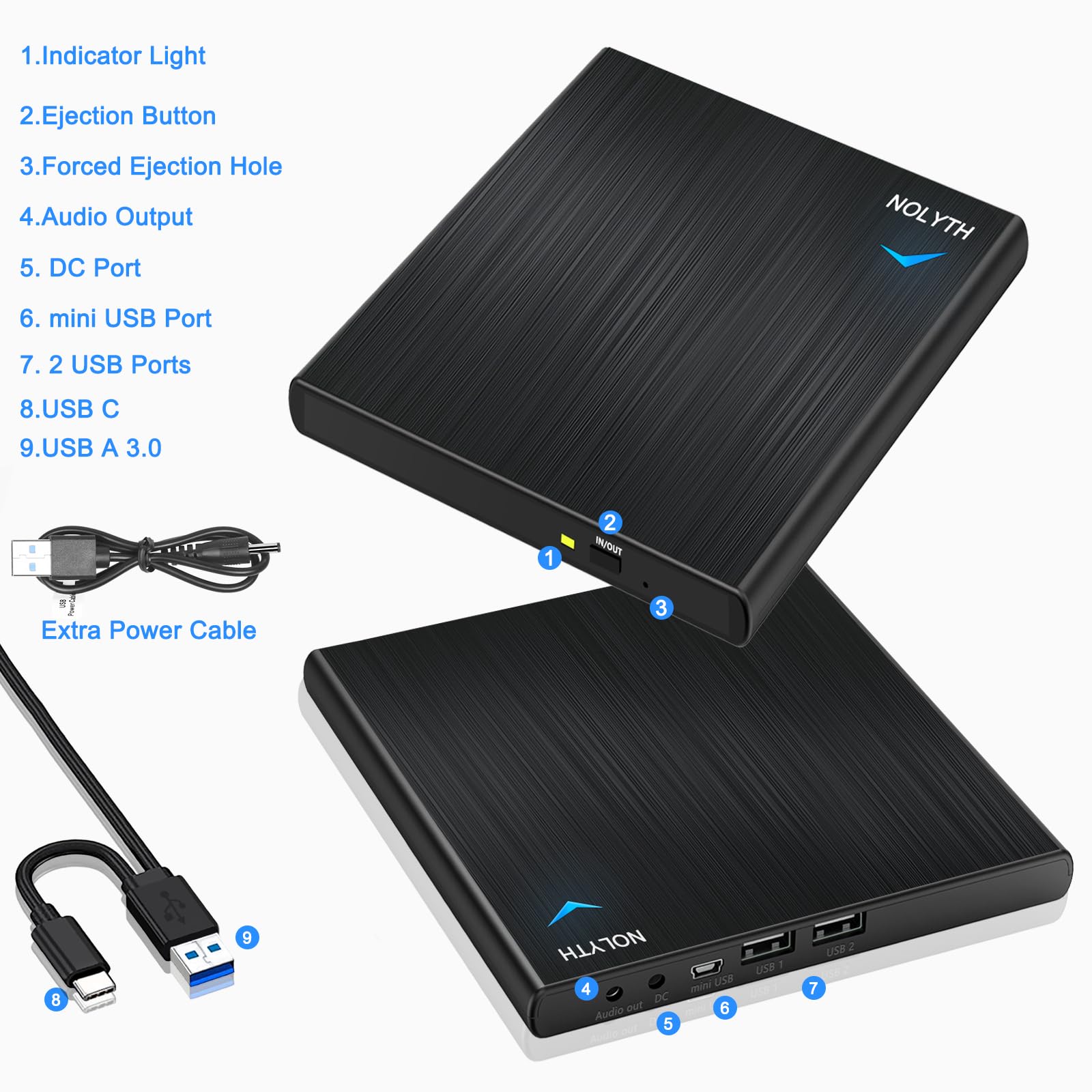 NOLYTH USB 3.0 Type-C External CD DVD Drive Portable Burner for Laptop Desktop PC Windows Linux Apple Mac - View 5 of 6