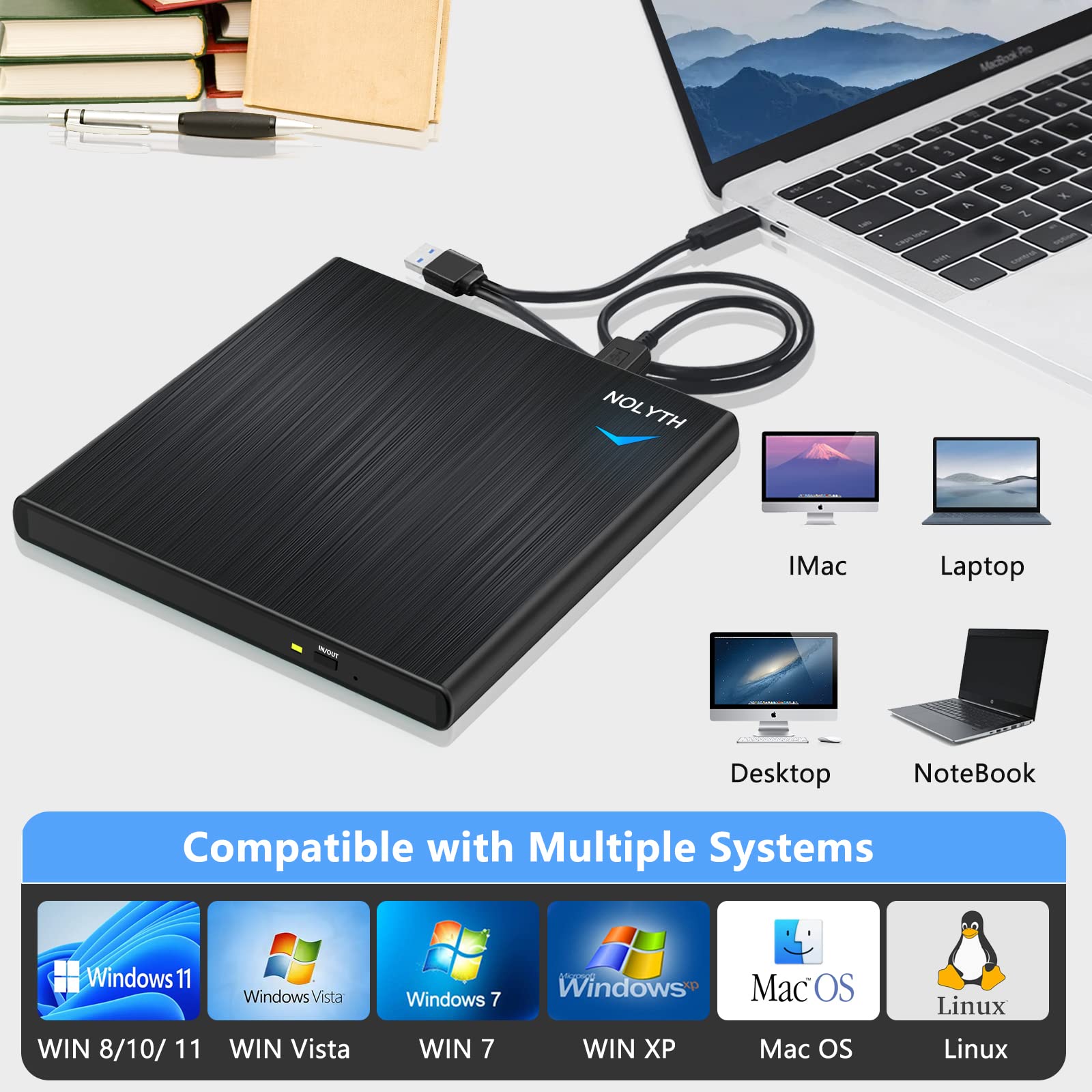NOLYTH USB 3.0 Type-C External CD DVD Drive Portable Burner for Laptop Desktop PC Windows Linux Apple Mac - View 6 of 6