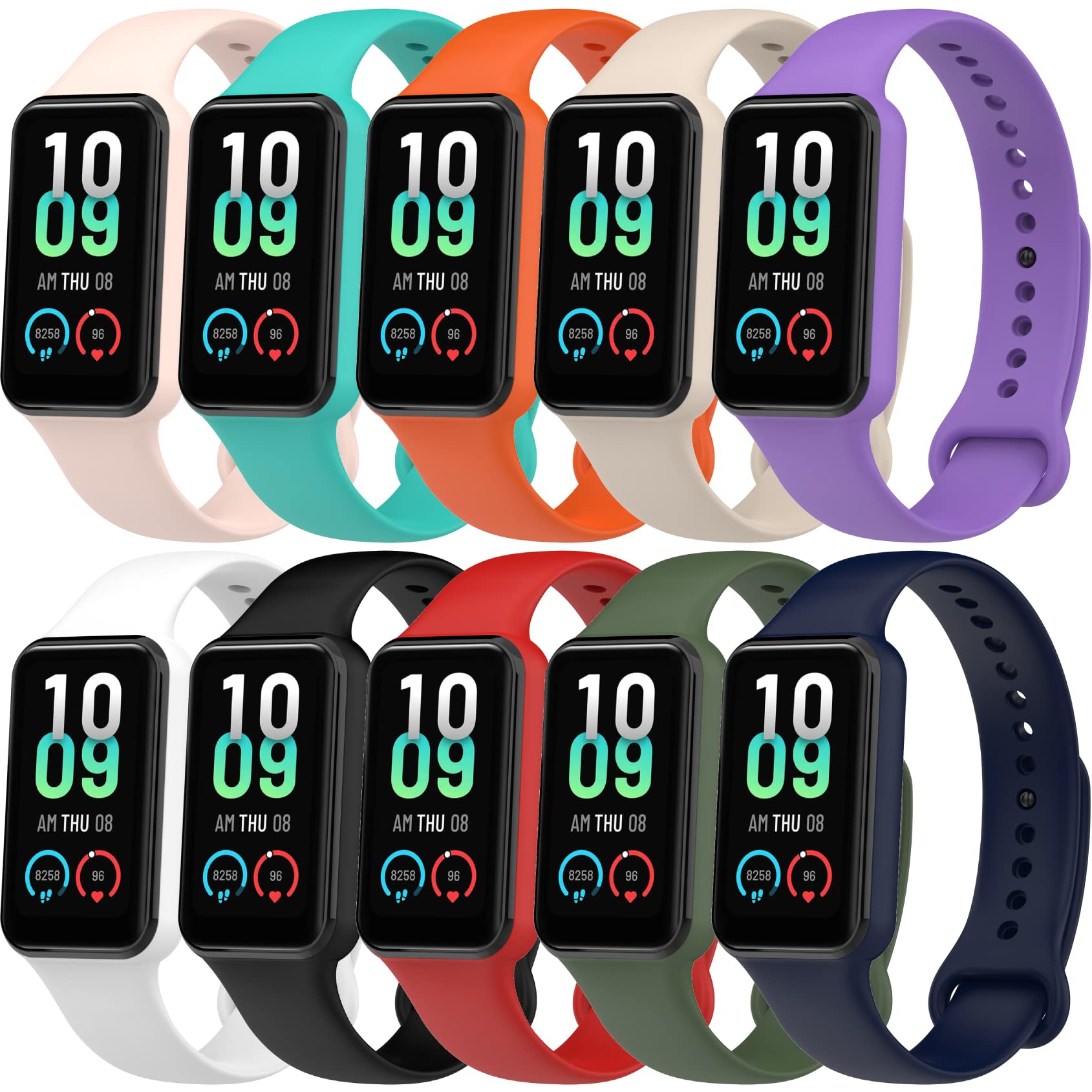 NineHorse 10PACKS Watch Bands Compatible with Amazfit Band7 Strap,Silicone Bands Metal Buckle Adjustable Wristband Bracelet Sport Strap for Amazfit