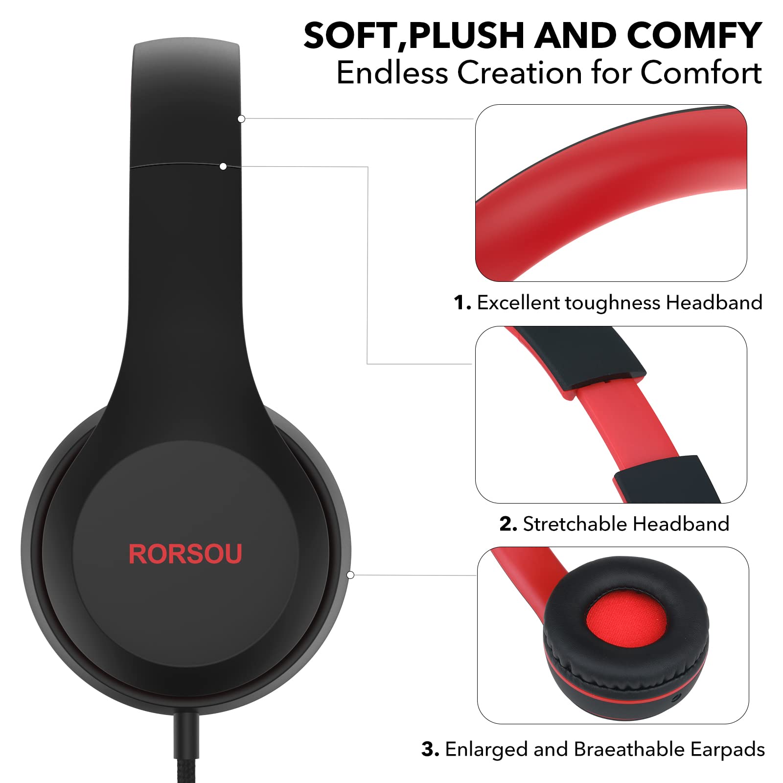 RORSOU RORSOU K5 Kids Headphones with Microphone Volume Limiter Foldable Stereo Wired On-Ear for Children Boys Girls Kindle Tablet MP3 Black - View 3 of 7
