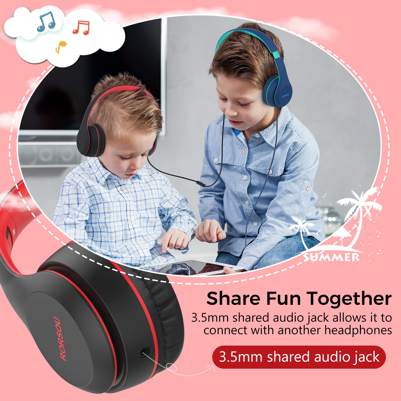 RORSOU RORSOU K5 Kids Headphones with Microphone Volume Limiter Foldable Stereo Wired On-Ear for Children Boys Girls Kindle Tablet MP3 Black - View 5 of 7