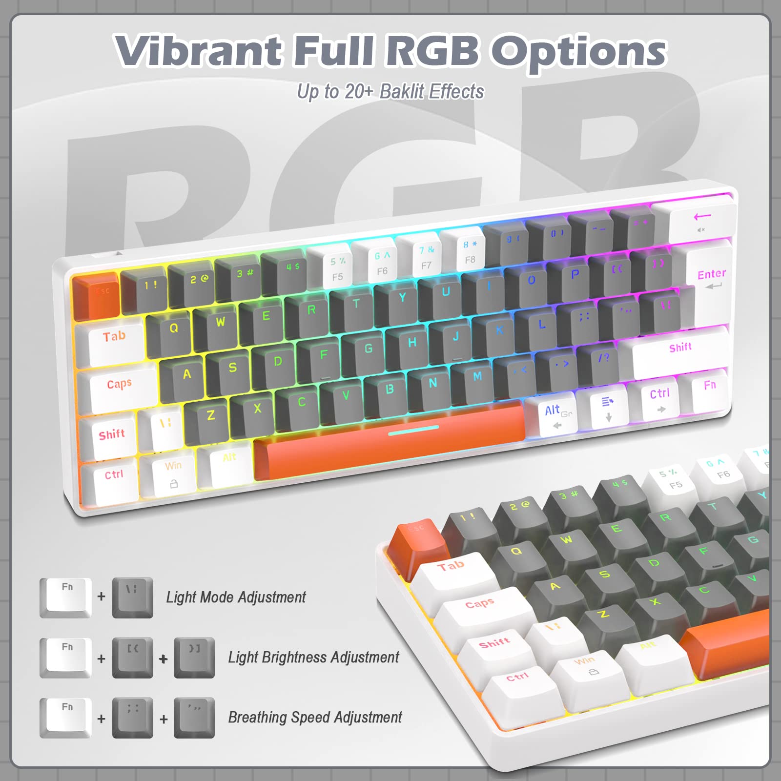 ZIYOU LANG RK-T60 Wired Mechanical Gaming Keyboard and Mouse Combo Portable with Rainbow Backlit 62Key NKRO 6400DPI RGB Honeycomb Mice Coiled Aviator - View 3 of 8