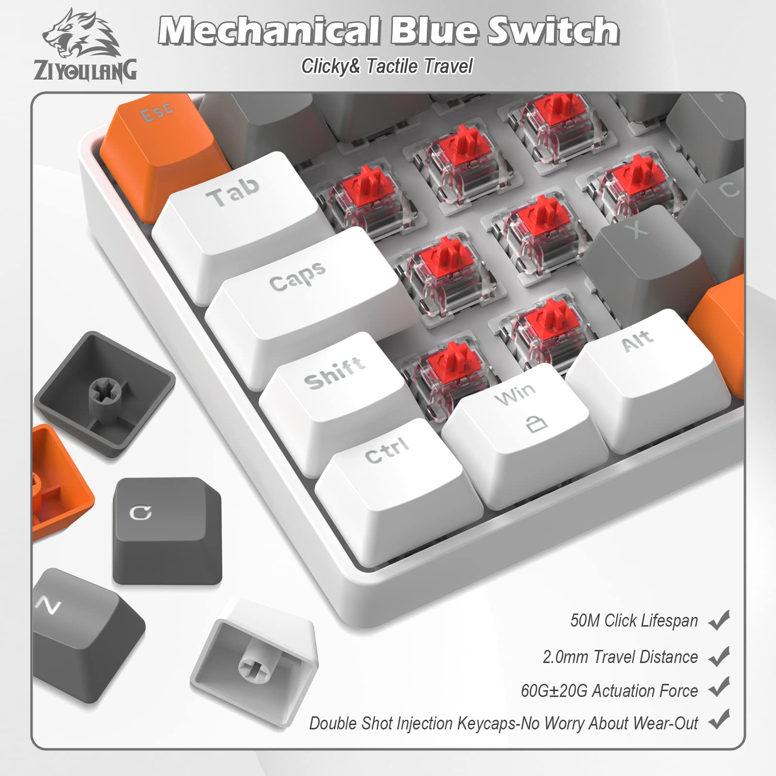 ZIYOU LANG RK-T60 Wired Mechanical Gaming Keyboard and Mouse Combo Portable with Rainbow Backlit 62Key NKRO 6400DPI RGB Honeycomb Mice Coiled Aviator - View 4 of 8