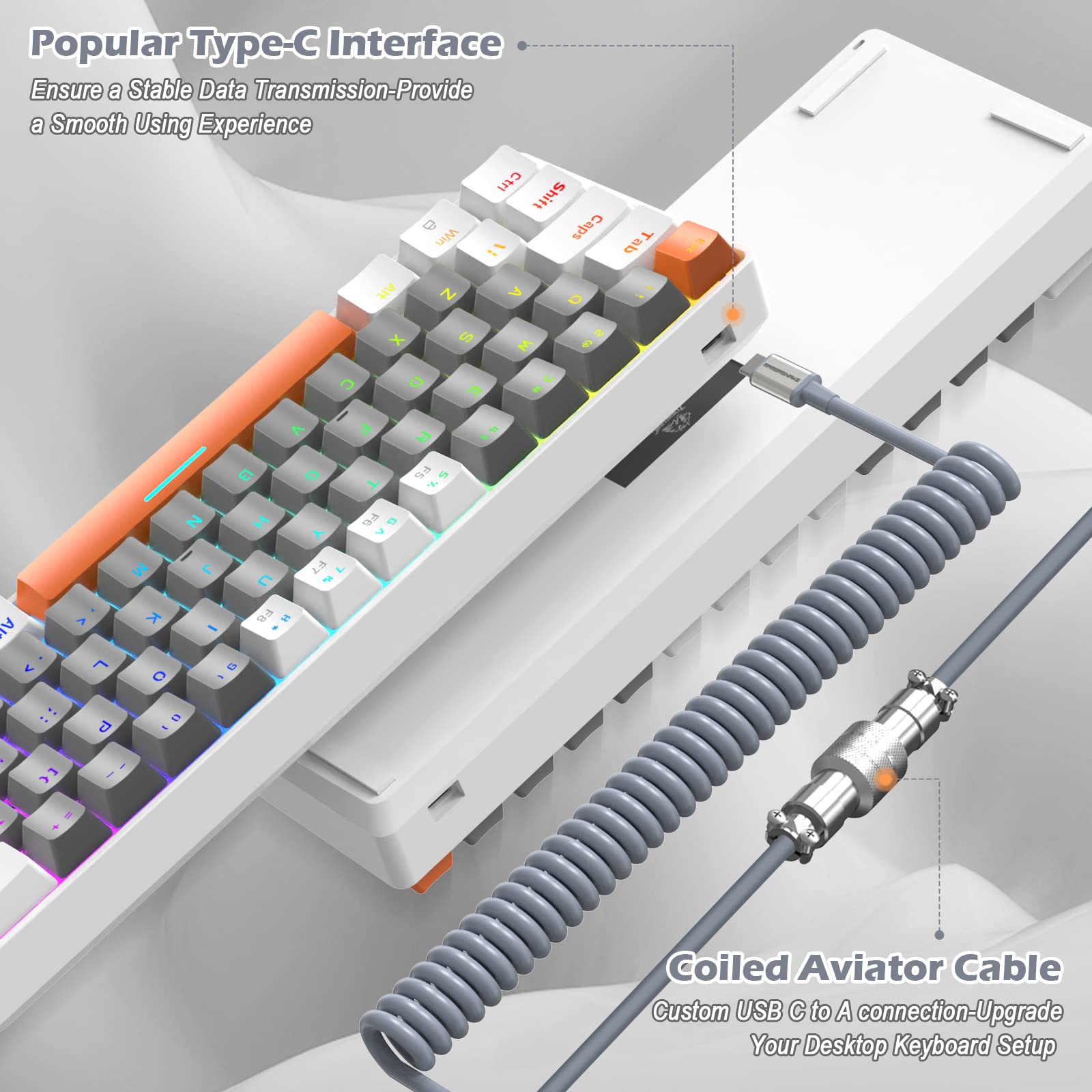 ZIYOU LANG RK-T60 Wired Mechanical Gaming Keyboard and Mouse Combo Portable with Rainbow Backlit 62Key NKRO 6400DPI RGB Honeycomb Mice Coiled Aviator - View 5 of 8
