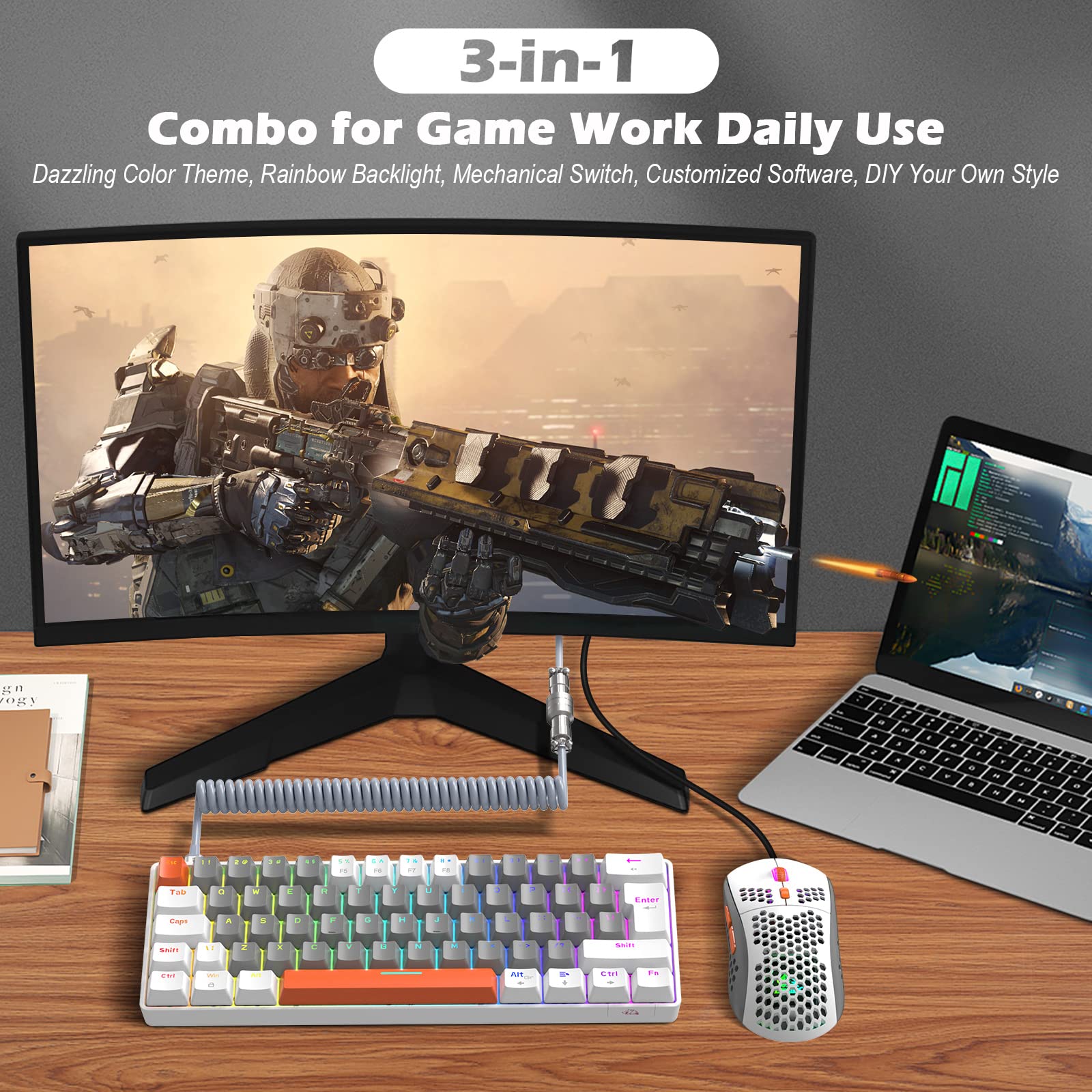 ZIYOU LANG RK-T60 Wired Mechanical Gaming Keyboard and Mouse Combo Portable with Rainbow Backlit 62Key NKRO 6400DPI RGB Honeycomb Mice Coiled Aviator - View 7 of 8