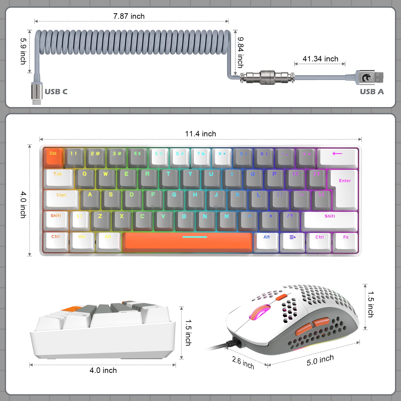 ZIYOU LANG RK-T60 Wired Mechanical Gaming Keyboard and Mouse Combo Portable with Rainbow Backlit 62Key NKRO 6400DPI RGB Honeycomb Mice Coiled Aviator - View 8 of 8