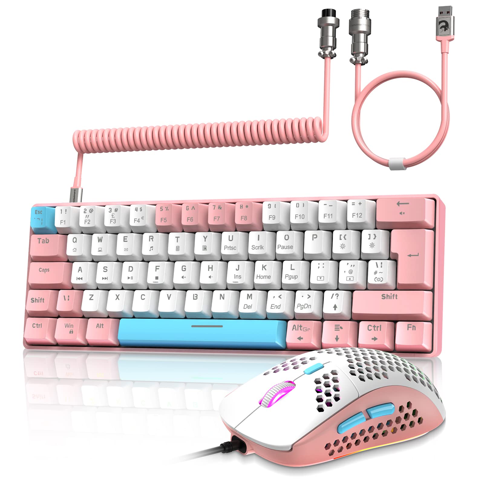ZIYOU LANG RK-T60 Wired Mechanical Gaming Keyboard and Mouse Combo Mini Portable with Rainbow Backlit 62Key NKRO 6400DPI RGB Honeycomb Mice Coiled