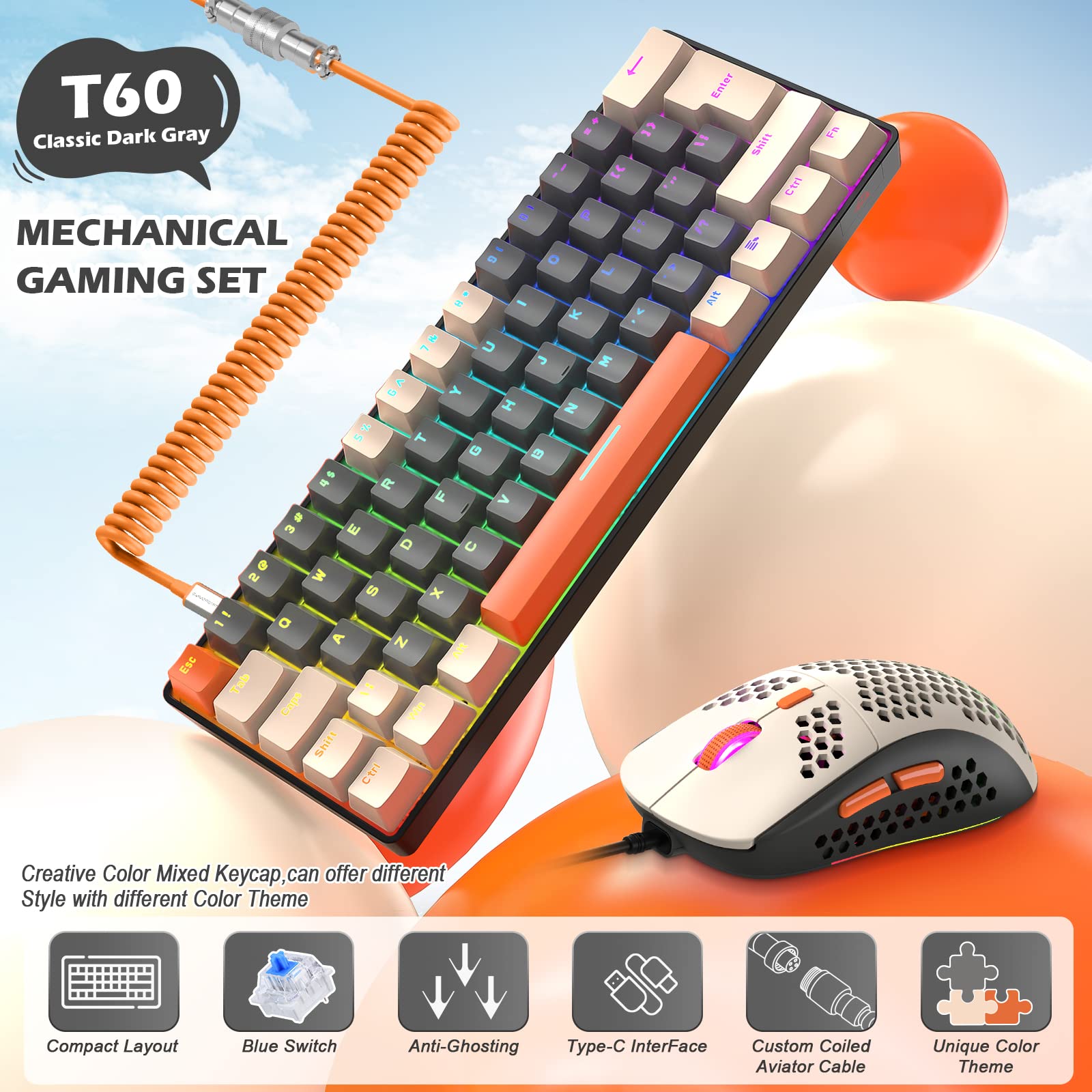 ZIYOU LANG RK-T60 Wired Mechanical Gaming Keyboard and Mouse Combo Portable with Rainbow Backlit 62Key NKRO 6400DPI RGB Honeycomb Mice Coiled Aviator - View 2 of 8