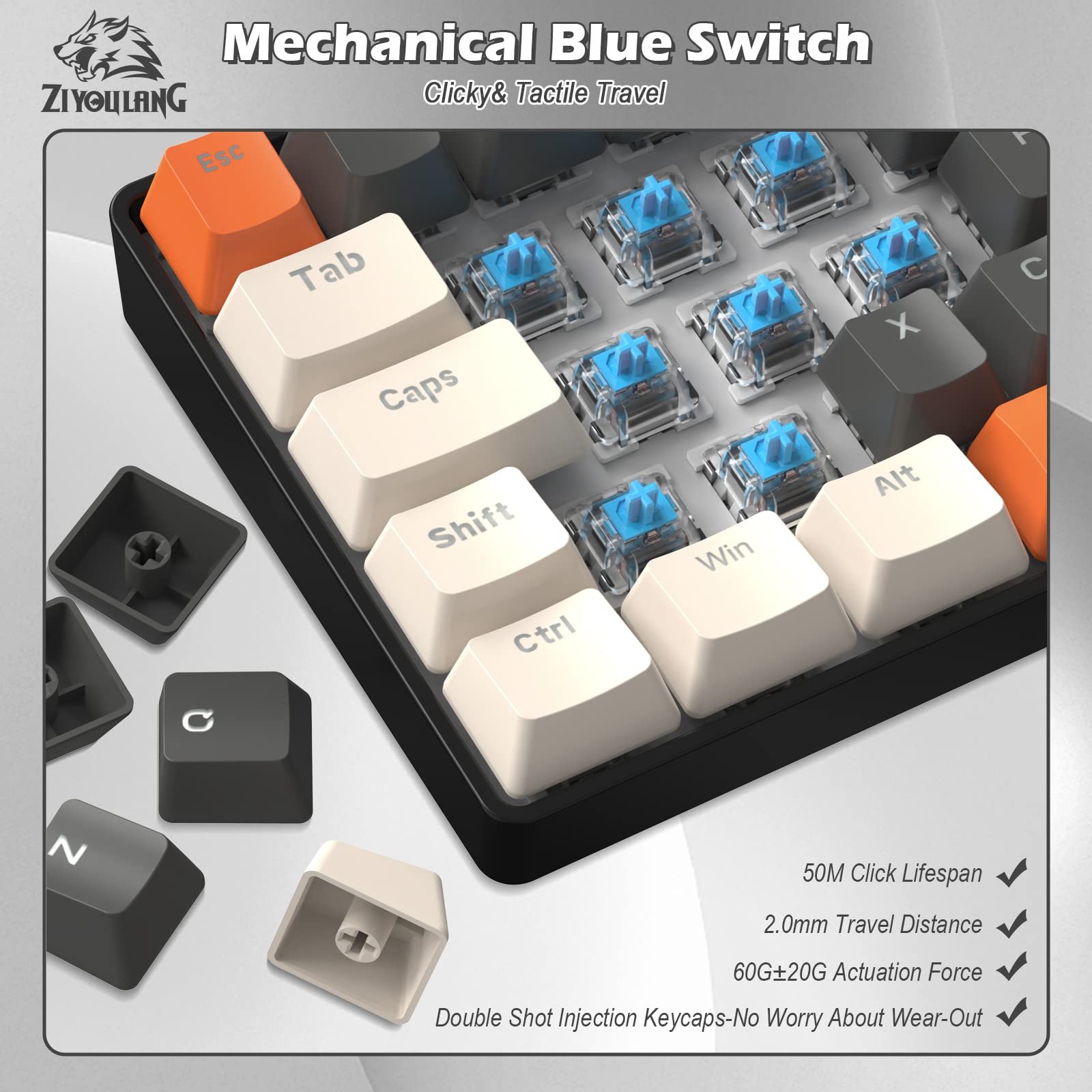 ZIYOU LANG RK-T60 Wired Mechanical Gaming Keyboard and Mouse Combo Portable with Rainbow Backlit 62Key NKRO 6400DPI RGB Honeycomb Mice Coiled Aviator - View 4 of 8