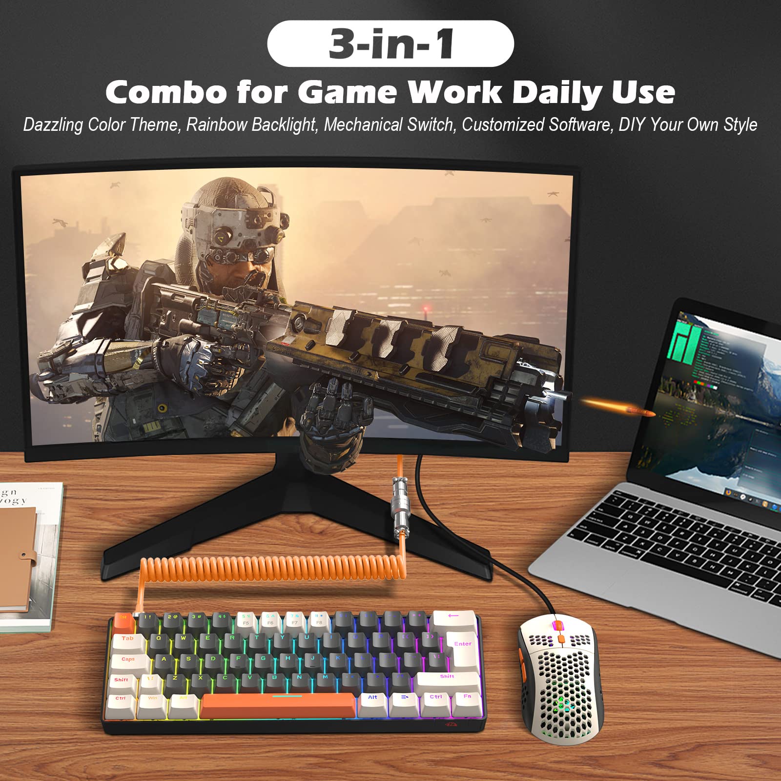 ZIYOU LANG RK-T60 Wired Mechanical Gaming Keyboard and Mouse Combo Portable with Rainbow Backlit 62Key NKRO 6400DPI RGB Honeycomb Mice Coiled Aviator - View 7 of 8