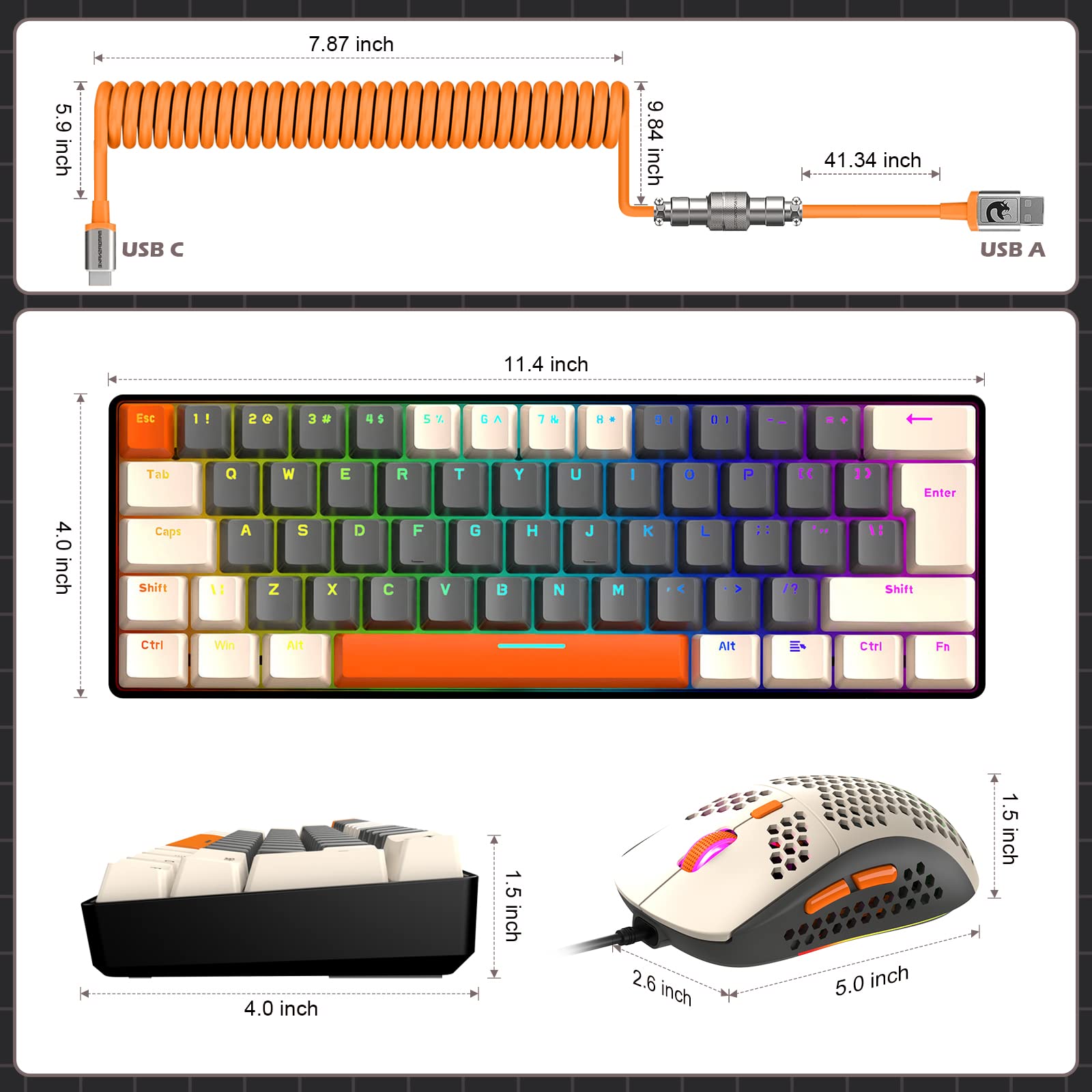 ZIYOU LANG RK-T60 Wired Mechanical Gaming Keyboard and Mouse Combo Portable with Rainbow Backlit 62Key NKRO 6400DPI RGB Honeycomb Mice Coiled Aviator - View 8 of 8