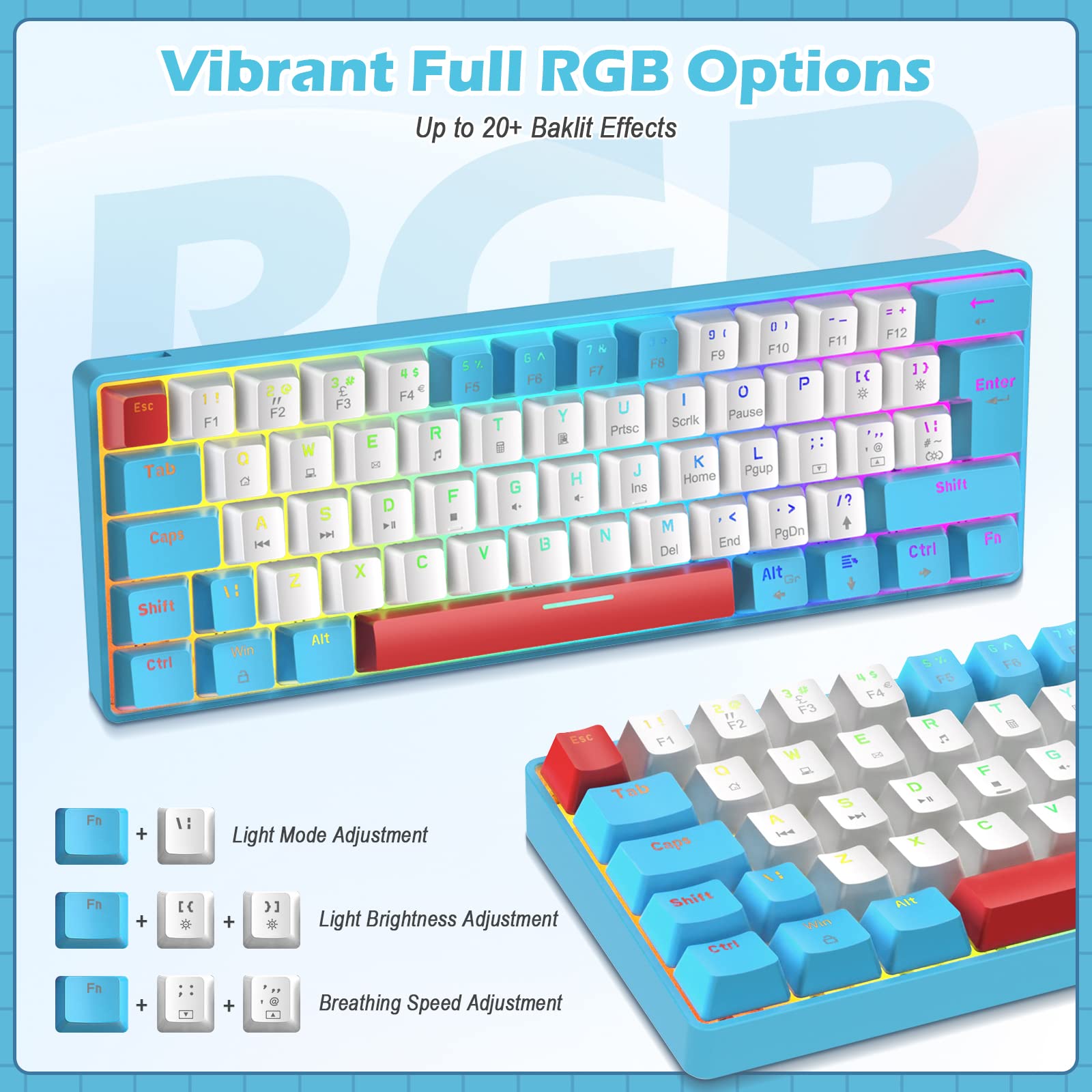 ZIYOU LANG ZIYOU LANG RK-T60 Wired Mechanical Gaming Keyboard and Mouse Combo Mini Portable Rainbow Backlit 62Key NKRO 6400DPI for PS4 PC Gamer - View 3 of 8