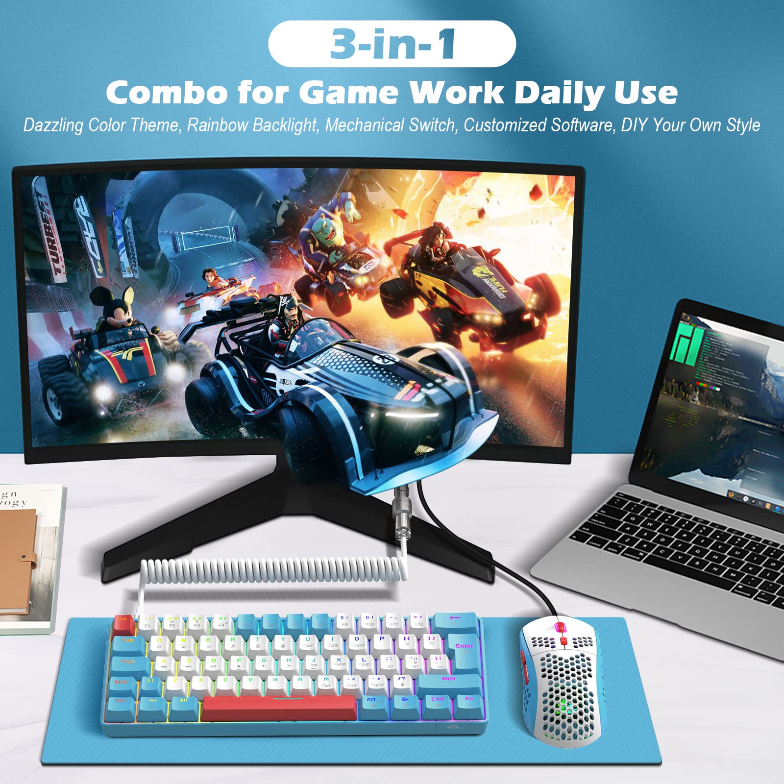 ZIYOU LANG ZIYOU LANG RK-T60 Wired Mechanical Gaming Keyboard and Mouse Combo Mini Portable Rainbow Backlit 62Key NKRO 6400DPI for PS4 PC Gamer - View 7 of 8