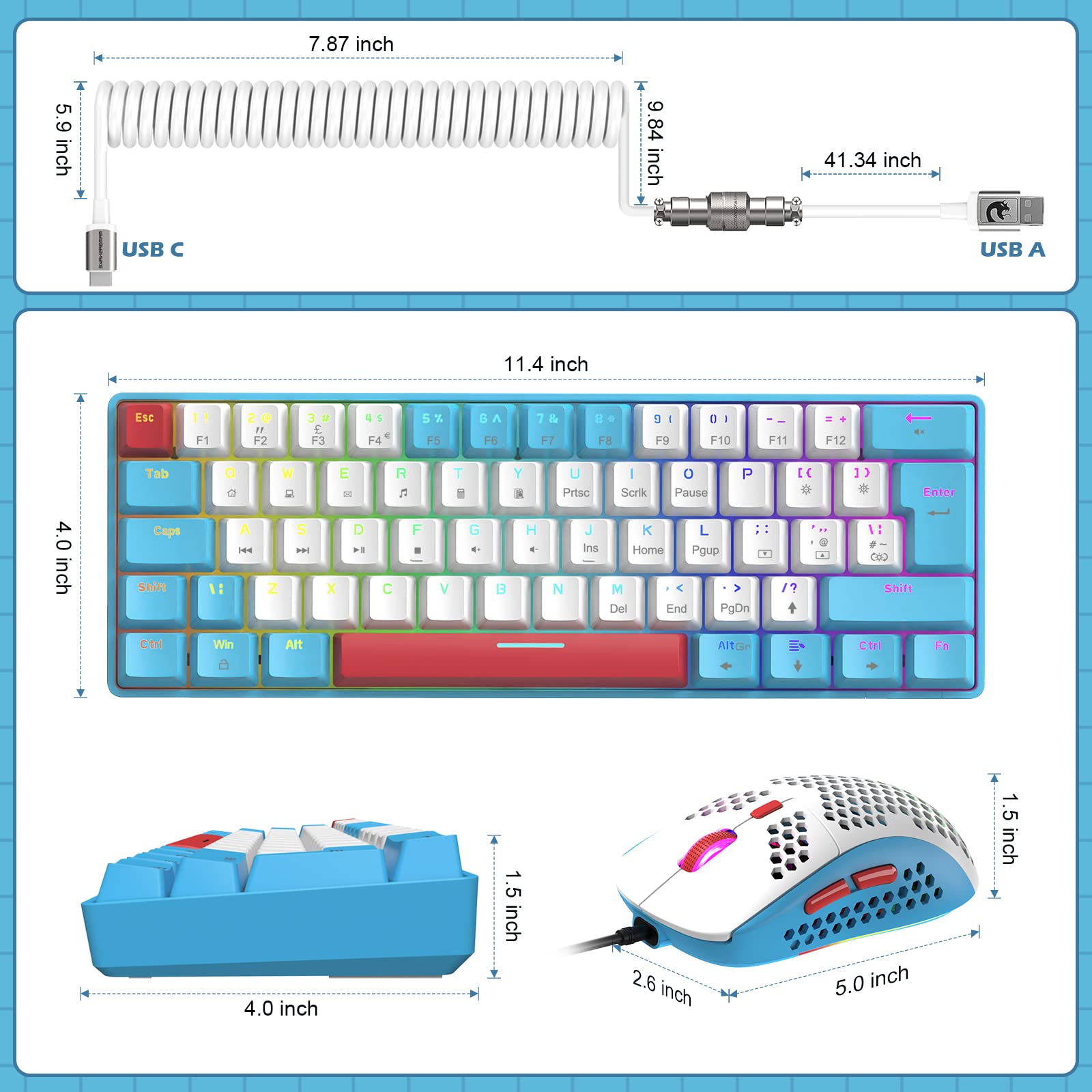 ZIYOU LANG ZIYOU LANG RK-T60 Wired Mechanical Gaming Keyboard and Mouse Combo Mini Portable Rainbow Backlit 62Key NKRO 6400DPI for PS4 PC Gamer - View 8 of 8