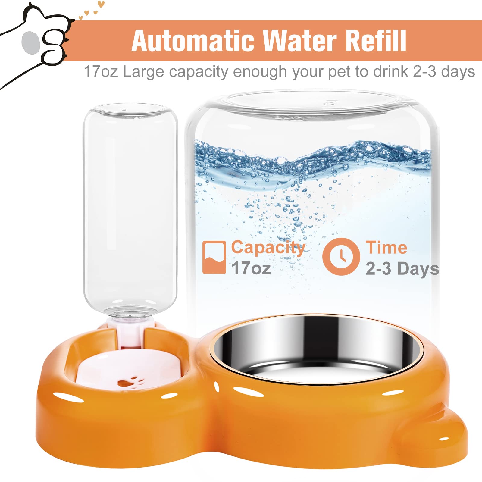 Azwraith Dog and Cat Bowl Set with Water Dispenser and Stainless Steel Bowl for Small Pets in Orange - View 2 of 8