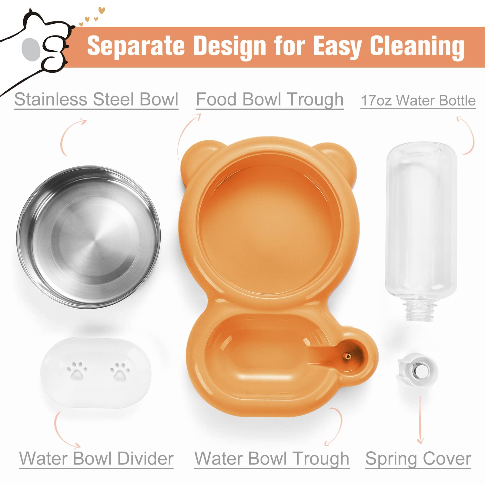 Azwraith Dog and Cat Bowl Set with Water Dispenser and Stainless Steel Bowl for Small Pets in Orange - View 3 of 8