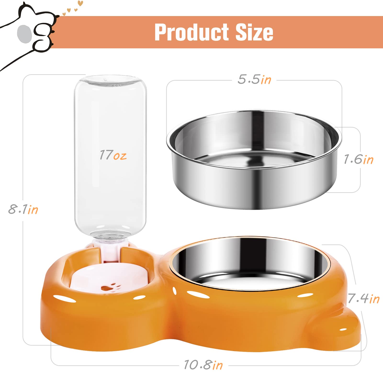 Azwraith Dog and Cat Bowl Set with Water Dispenser and Stainless Steel Bowl for Small Pets in Orange - View 5 of 8