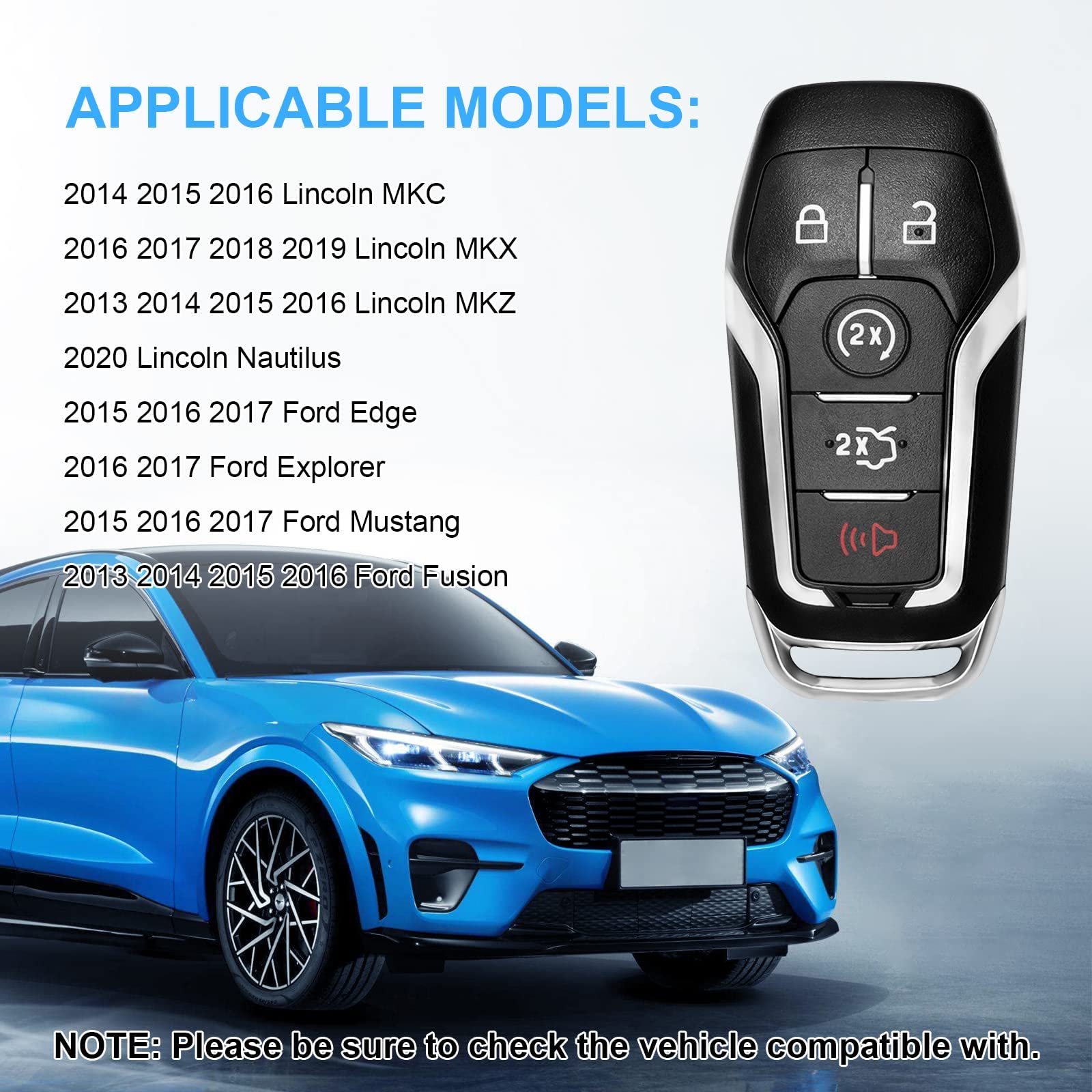 Key Fob Replacement for Ford: 5-Button Keyless Entry Remote Start Control for Ford Mustang Fusion Explorer Edge Lincoln MKC MKX MKZ, Compatible with - View 2 of 6