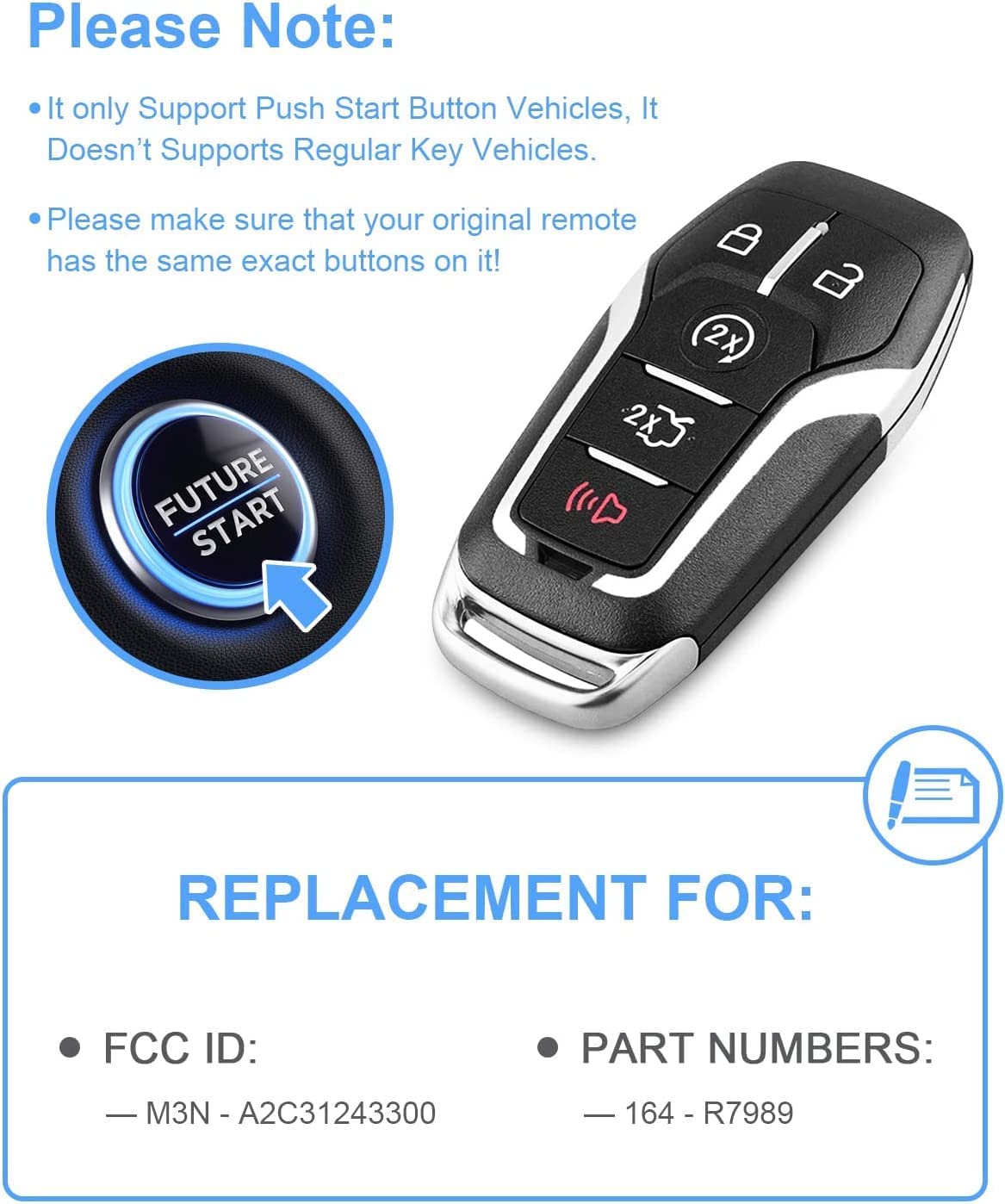 Key Fob Replacement for Ford: 5-Button Keyless Entry Remote Start Control for Ford Mustang Fusion Explorer Edge Lincoln MKC MKX MKZ, Compatible with - View 3 of 6