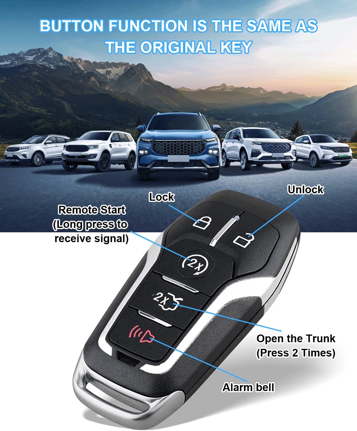 Key Fob Replacement for Ford: 5-Button Keyless Entry Remote Start Control for Ford Mustang Fusion Explorer Edge Lincoln MKC MKX MKZ, Compatible with - View 4 of 6